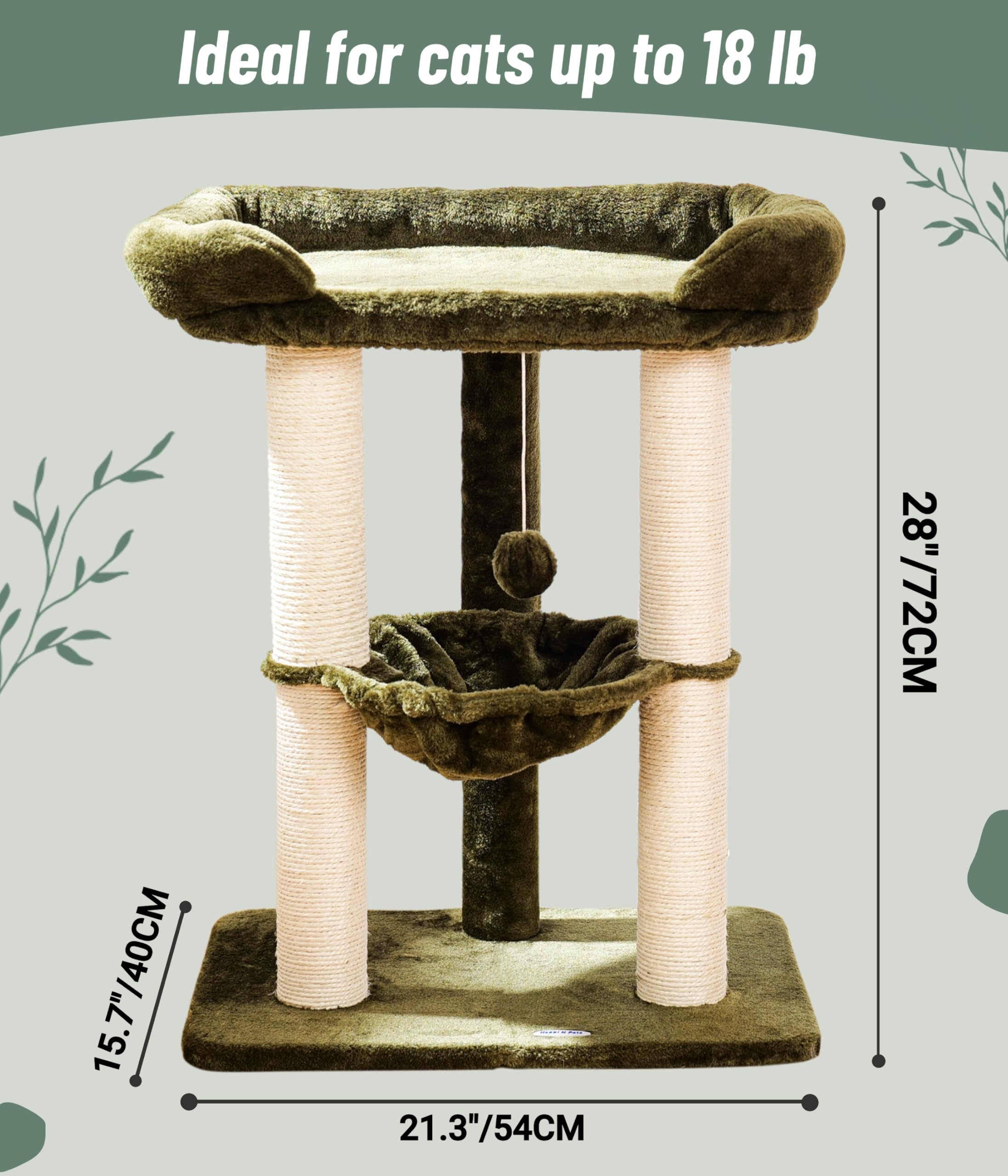 Happi N Pets 71CM Kratzbaum für Katzen, Hoher Kratzstamm mit großem Bett für große Katzen, Sisal-Kratzbaum mit weicher Liegefläche & Hängematte, Stabiler Katzenbaum, Abnehmbarer Bezug-Beige