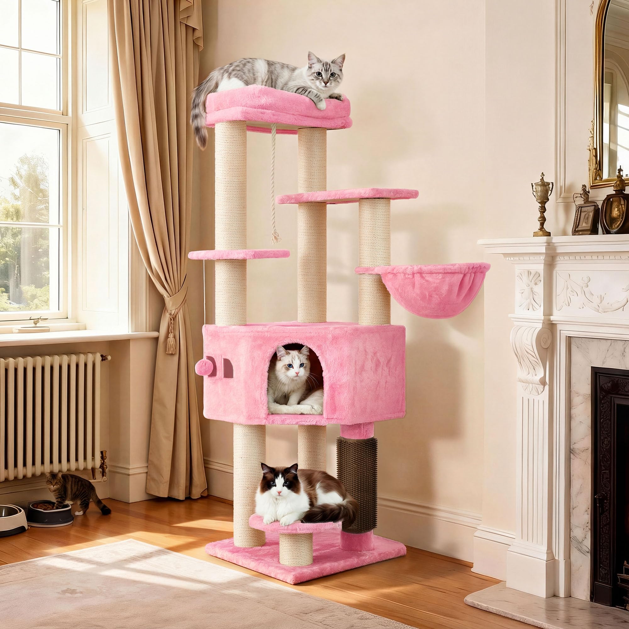 YITAHOME Kratzbaum, Katzenkratzbaum, für Große Katze, Katzenbaum, Katzenbürsten, 11 cm Dicke Stämme, Große Plattformen, Plüschkissen, Höhle, 50 x 50 x 157 cm, Beige