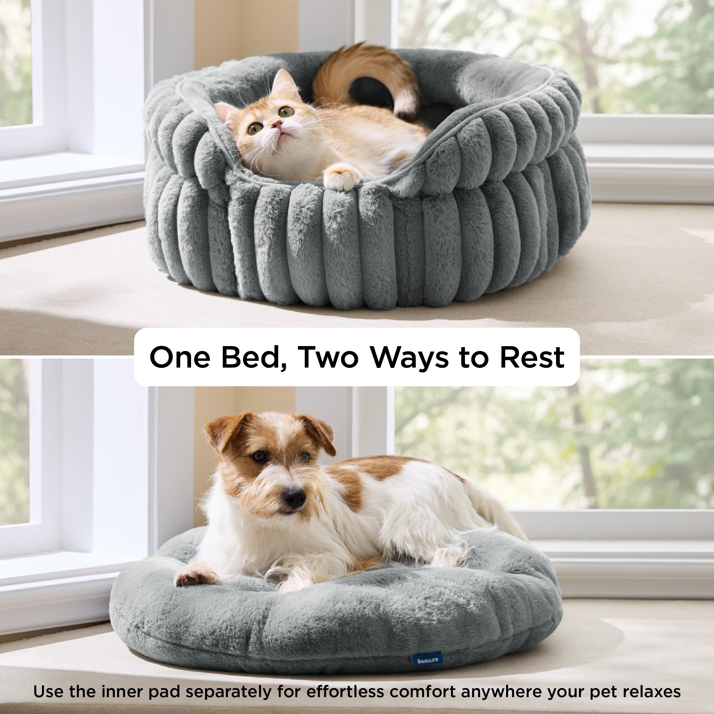 BEDSURE Flauschiges Katzenbett für Wohnungskatzen - 51 x 51 cm kleines rundes Katzenbett, waschbares Katzenbett für Kätzchen und Welpen mit Rutschfester Unterseite und abnehmbarem Kissen, grau