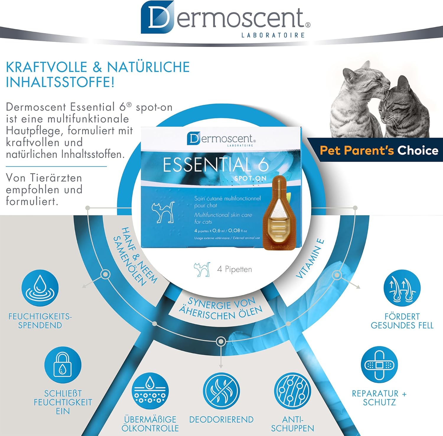 Essential 6 Spot-On | Innovatives Hautpflegeprodukt für Katzen | Hält die Haut feucht, das Fell glänzend, kontrolliert den Haarausfall, reduziert Gerüche und schützt mit natürlichen Inhaltsstoffen