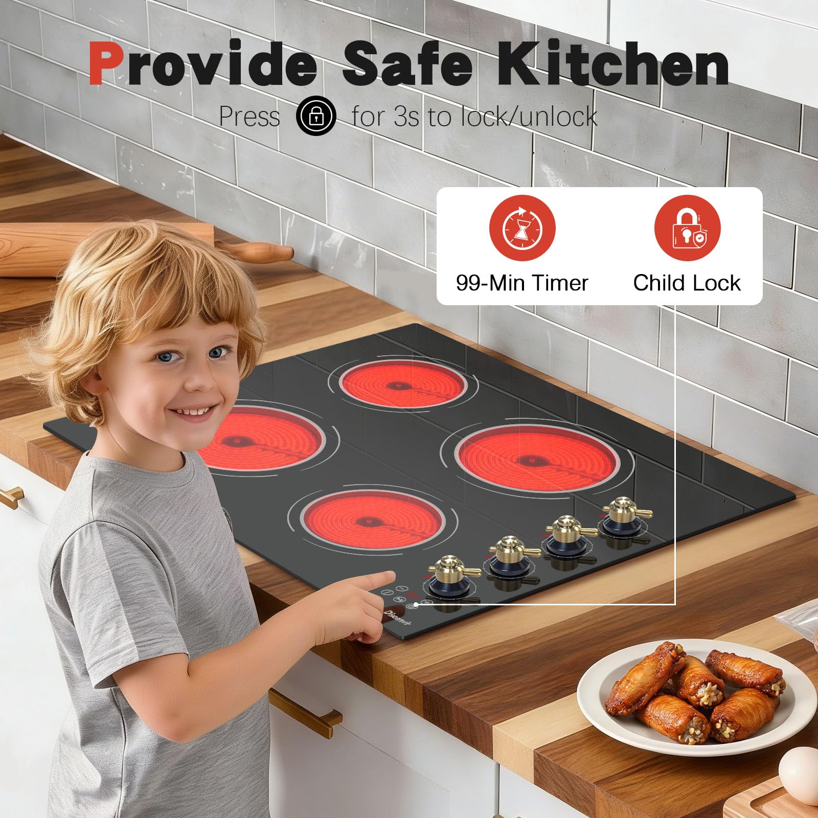 Disaenvir 29.13 Inch (Cut-out Size: 29.13"x19.3") Electric Cooktop - 30 Inch 9000W Powerful 5 Burner Electric Stovetop, Built-in Ceramic Stove 30“, Timer, Safety Lock, Pause, 240V Hard Wired (No Plug)