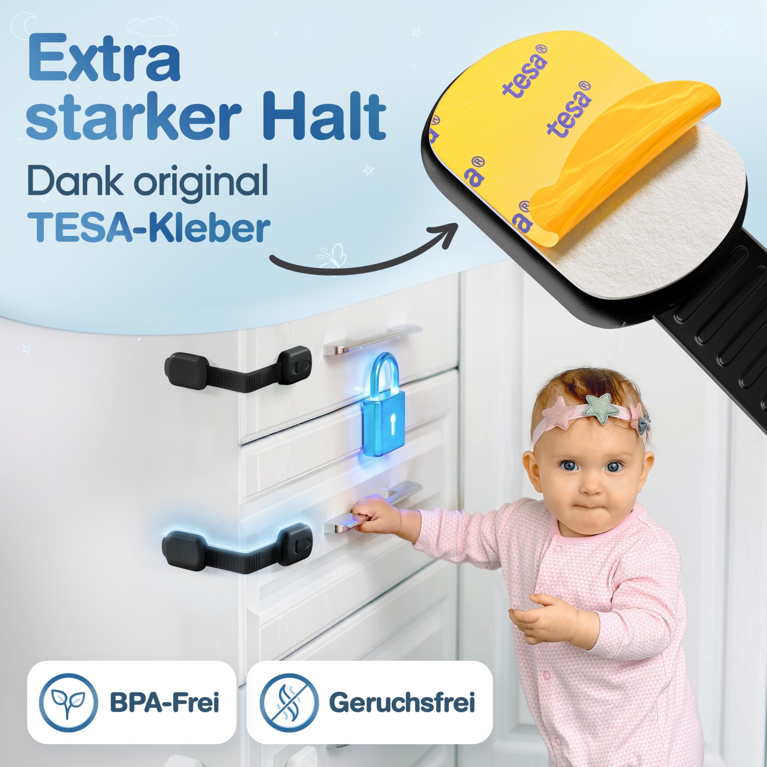 MUTKIND 10 Stück Kindersicherung Schrank - (Mit Kleber von TESA) Schranksicherung Baby - Längenverstellbar - Schubladensicherung Baby für Schränke, Kühlschrank, Tür - Kindersicherung Schubladen Weiß