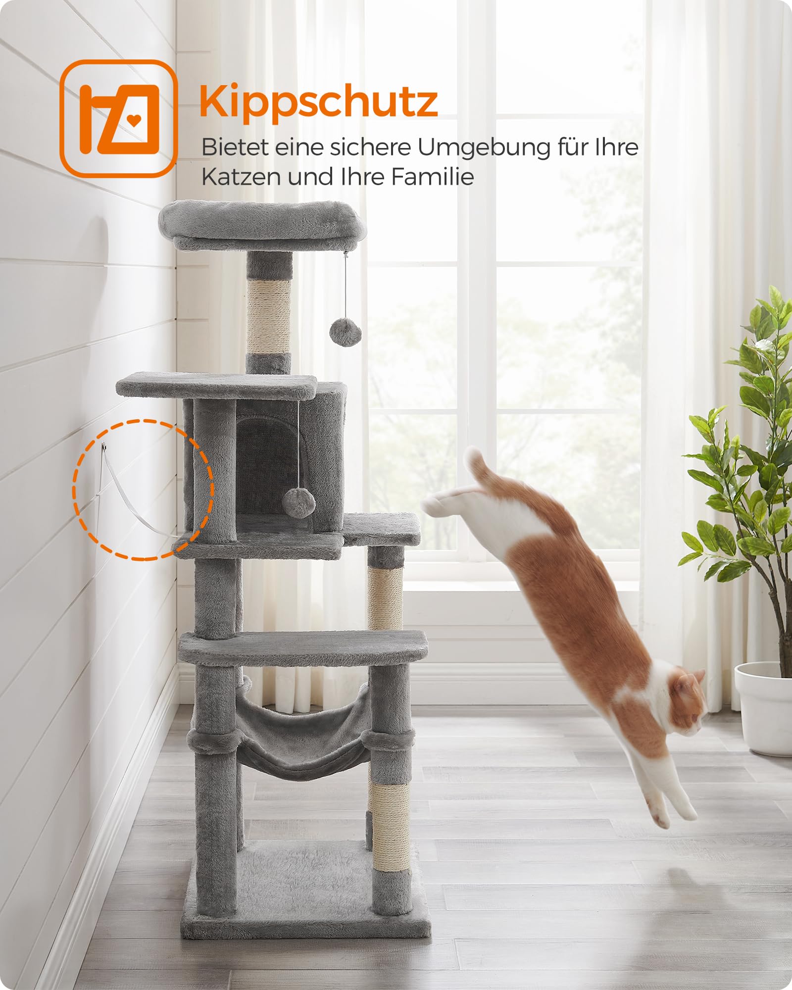 Feandrea Kratzbaum, 143 cm hoch, Katzenbaum, mehrstöckiges Katzenhaus, mit 4 Kratzsäulen, 2 Plattformen, Hängematte, Höhle, hellgrau PCT161W01