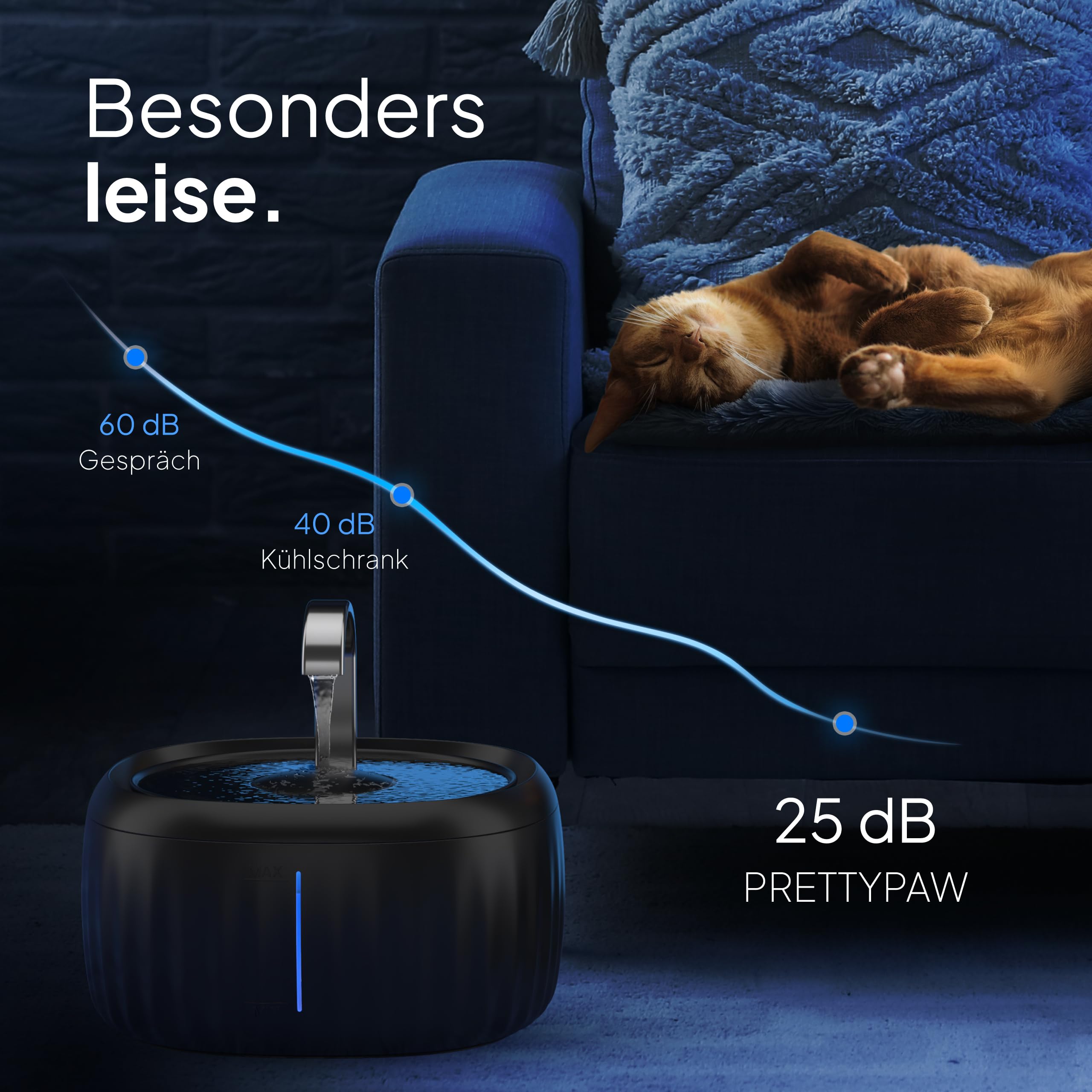PrettyPaw Katzenbrunnen - Super leiser, BPA-freier 3L Trinkbrunnen für Katze mit LED und Aktivkohlefilter - Leicht zu reinigender Katzen Trinkbrunnen - Aqua Flow (Schwarz)