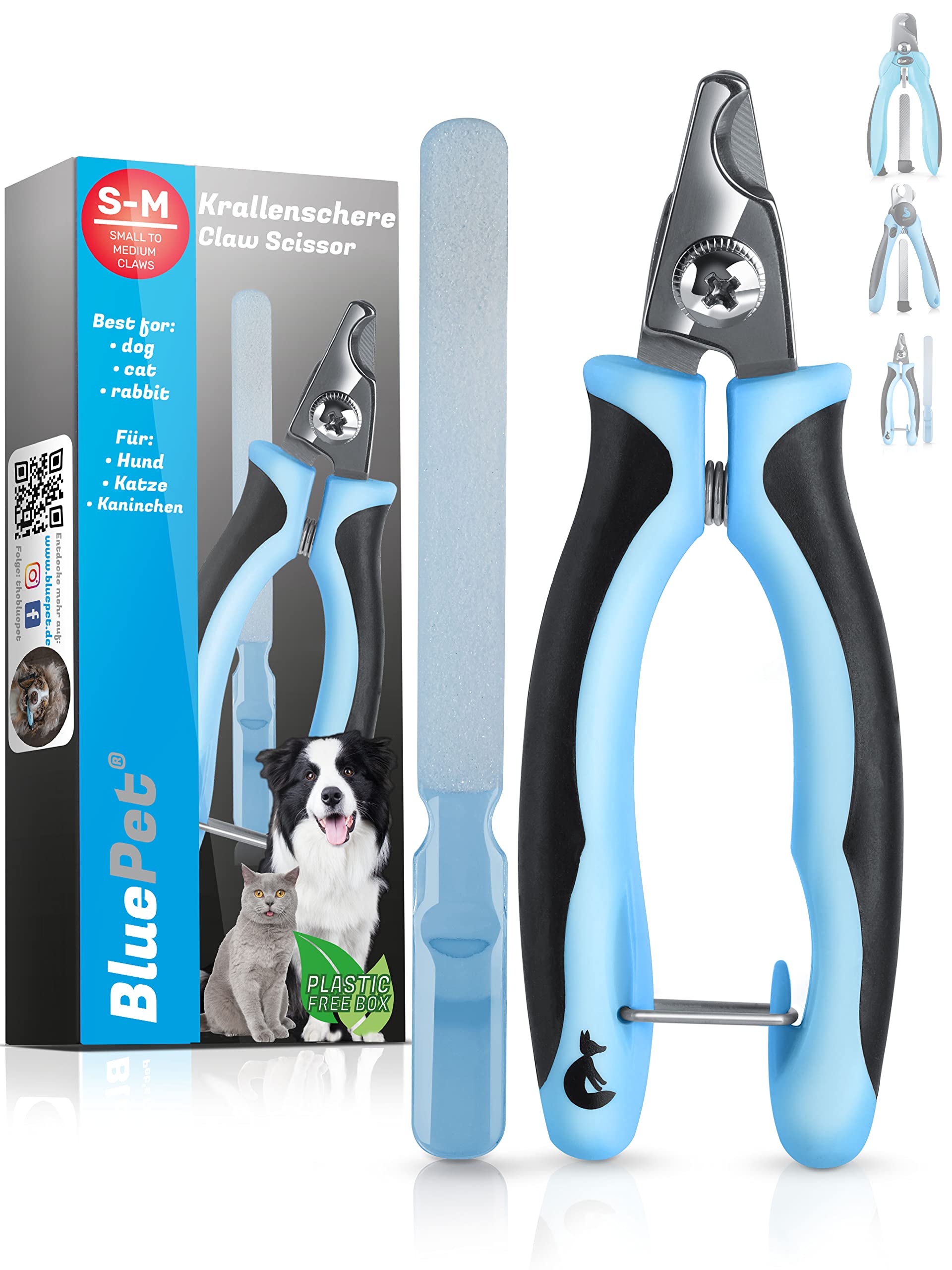 BluePet Krallenschere mit Schutz für Hunde & Katzen I Einsteigerfreundlich I Krallenzange für kleine & große Krallen + Krallenfeile im Griff - Alternative zu Nagelschere & Krallenschleifer