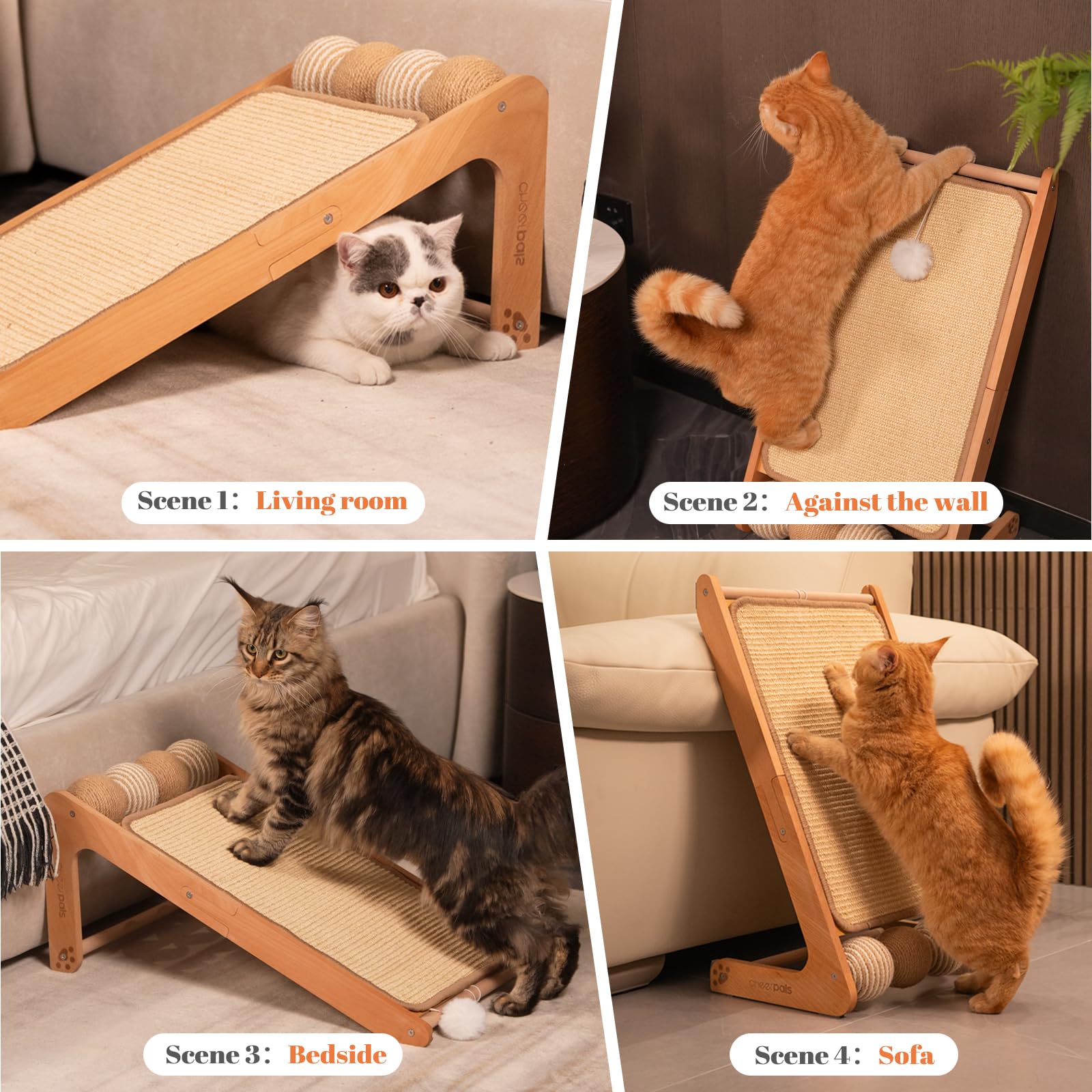 CheerPals Dual-Use Sisal Kratzbrett Katzen- Large 63cm H, Massivholz Buche & Natürliche Sisal Kratzsäule Katze, L-förmige Kratzmöbel für alle Katzen Spielen, Entspannen