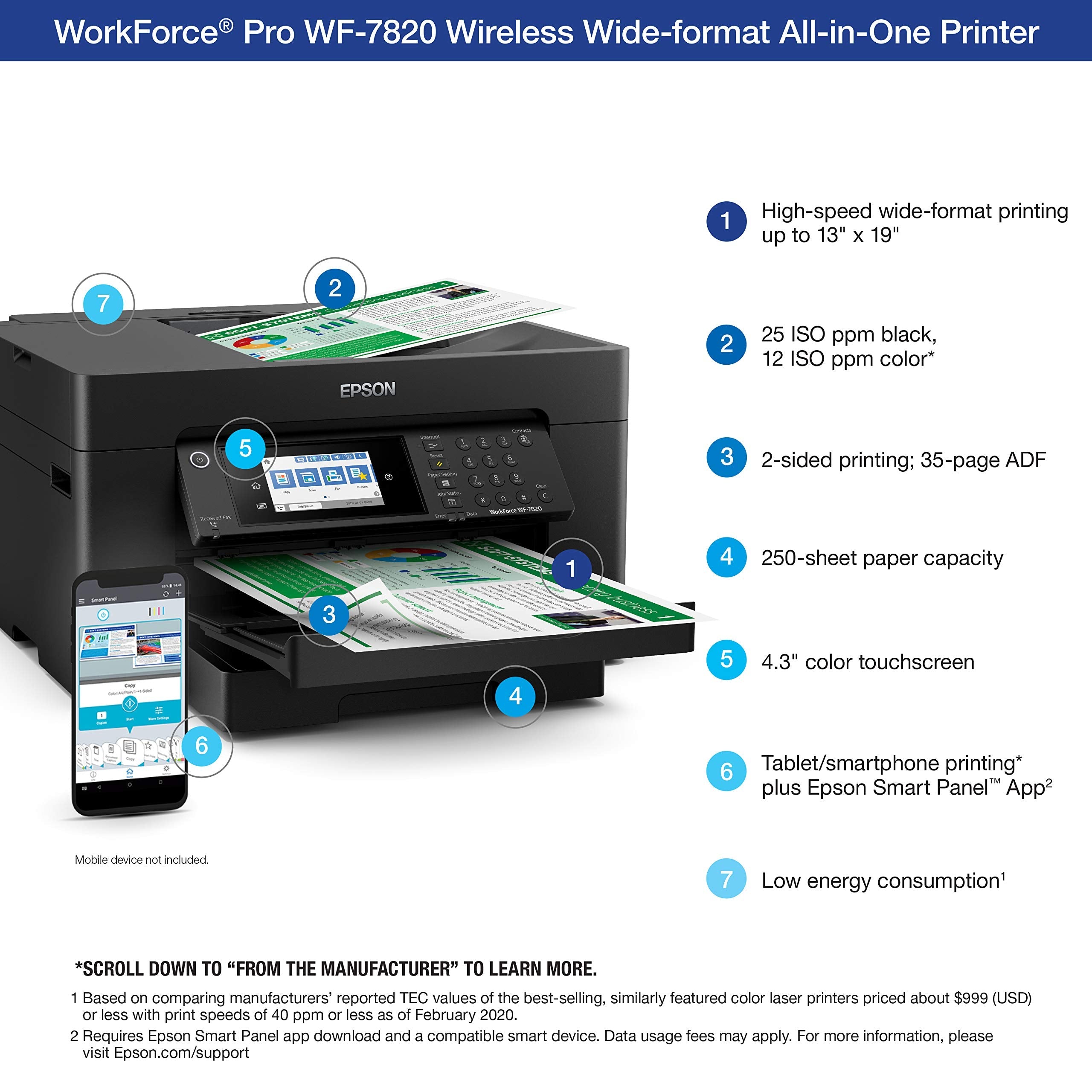 Epson Workforce Pro WF-7840 Wireless All-in-One Wide-Format Printer with Auto 2-Sided Print up to 13" x 19", Copy, Scan and Fax, 50-Page ADF, 500-sheet Paper Capacity, 4.3" Screen