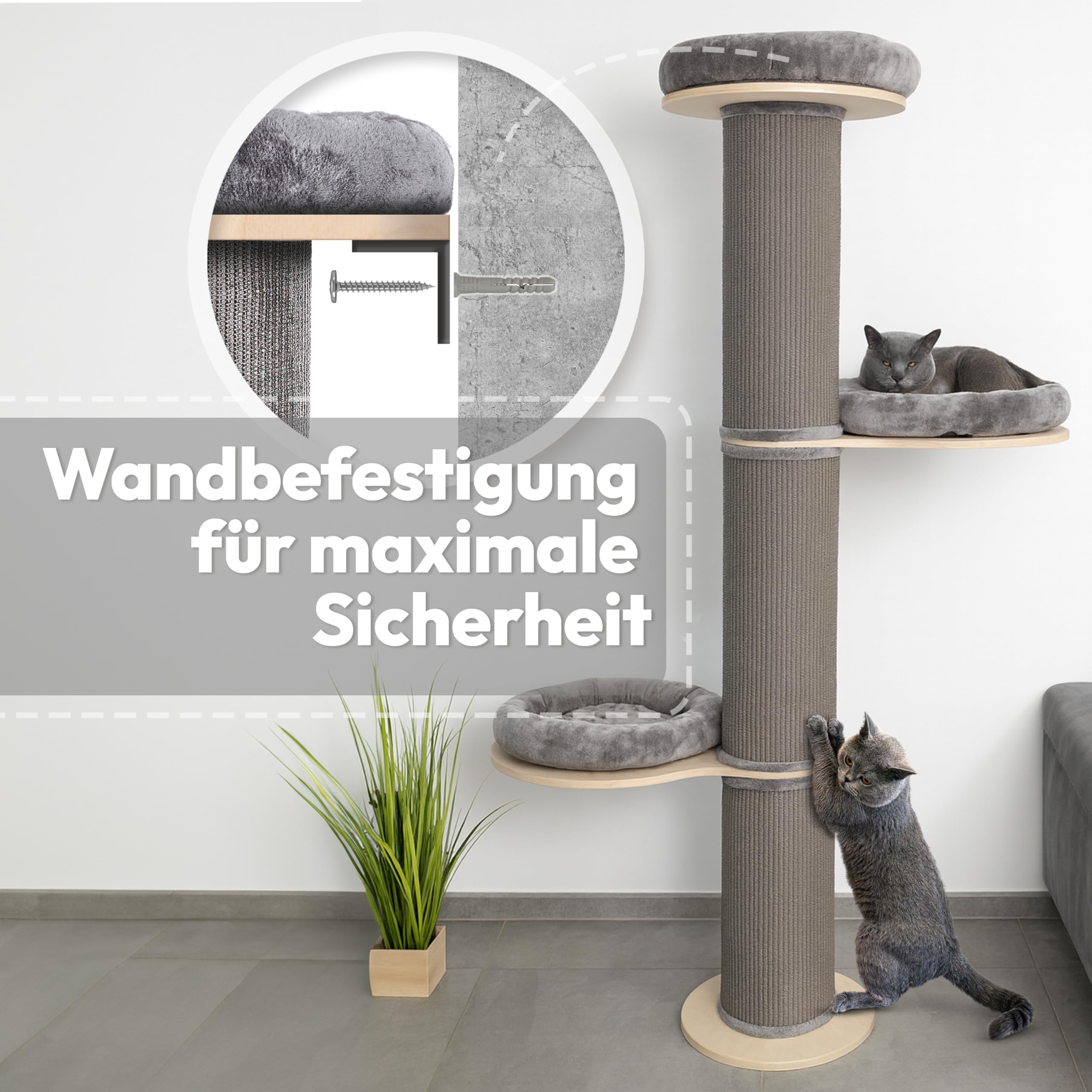 Kratzbaum wandmontiert 185 cm hoch, XXL Katzenbaum Premium Sisal Säulen, 3 Plattformen Kissen abnehmbar & waschbar I Stabiler & Platzsparender Katzenkratzbaum, Grau