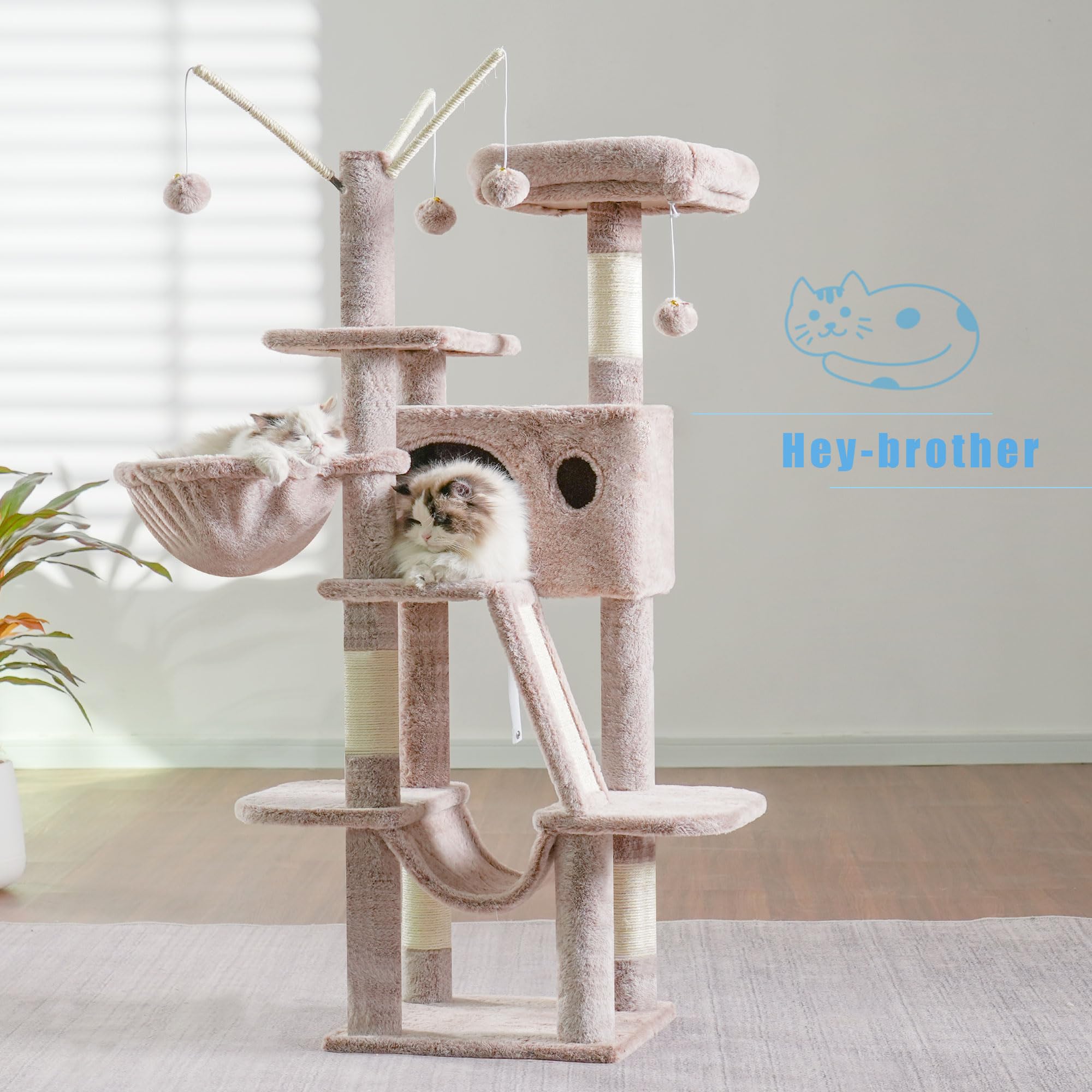 Hey-Brother Kratzbaum, 135 cm Indoor Katzenbaum, Mit gepolsterter Plattform Bett, Spielzeug Ball, Höhlen, Hängematte und Sisal Kratzbaum Katzenhaus, Hellgrau MPJ019-SW