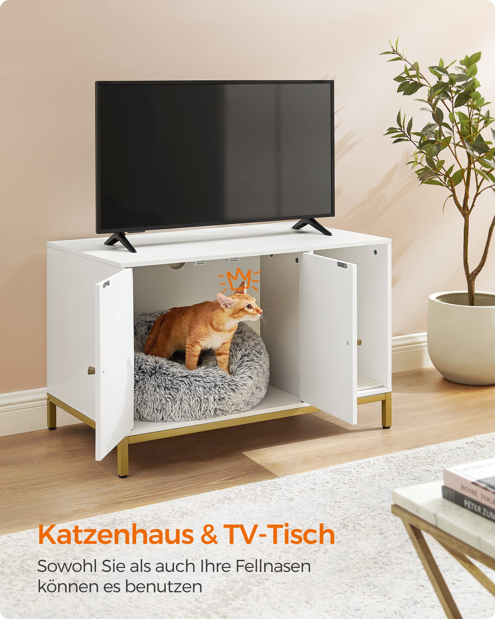 Feandrea Katzenklo-Schrank, Katzenhaus, Katzentoilette, mit Kratzmatte, hohe Beine, für Katzen, Beistelltisch, 80 x 50 x 55 cm, weiß-goldfarben PCL007W01