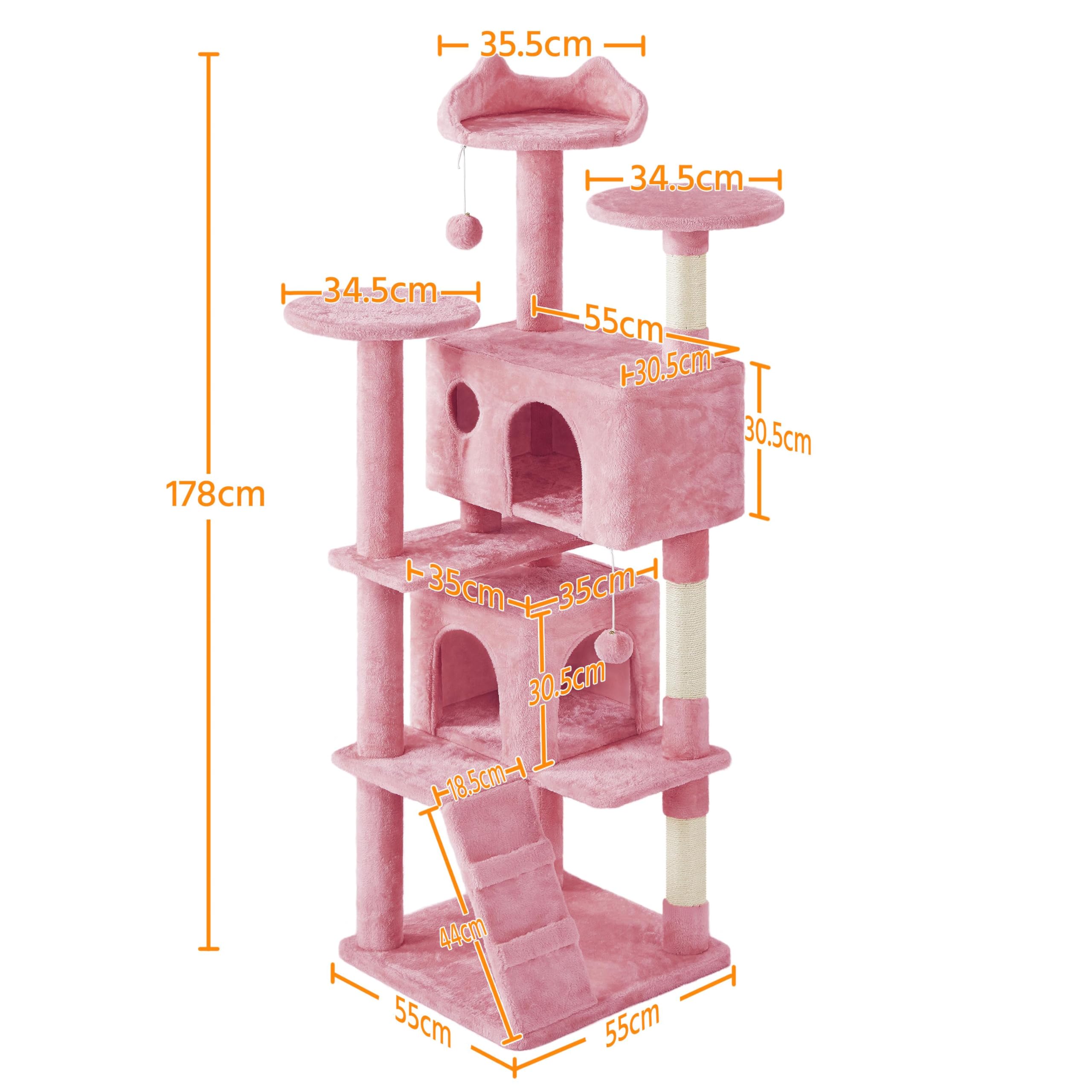 Yaheetech Kratzbaum Groß, 139 cm hoch, Mehrstöckiger Katzenbaum Kletterturm mit 3 Kratzsäulen, 3 Plattformen, 2 Gemütlichen Höhlen, 2 Plüschbällen, Stabiler Aktivitätsbereich für Katzen, Dunkelgrau