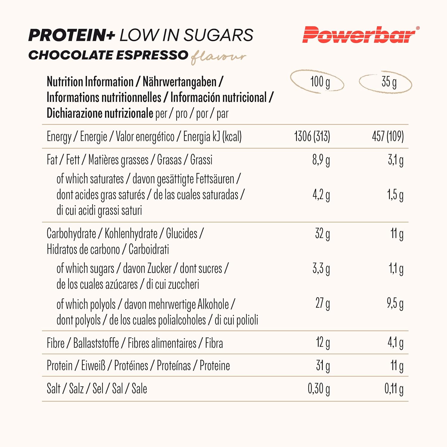 Powerbar - Protein Plus - Low Sugar - Chocolate-Brownie - 30x35g - Riegel mit nur 107 Kcal - Fitnessriegel mit Ballaststoffen