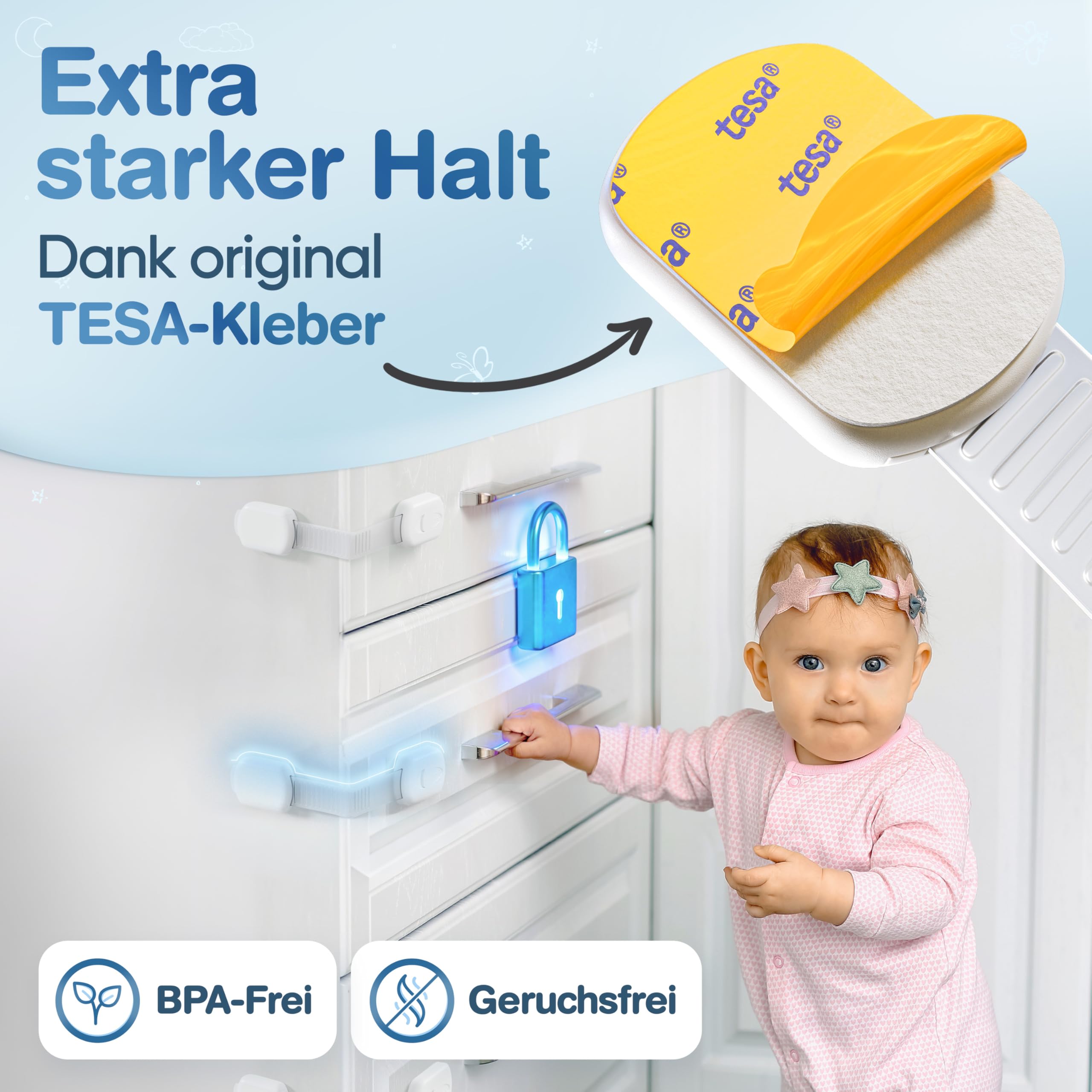 MUTKIND 10 Stück Kindersicherung Schrank - (Mit Kleber von TESA) Schranksicherung Baby - Längenverstellbar - Schubladensicherung Baby für Schränke, Kühlschrank, Tür - Kindersicherung Schubladen Weiß