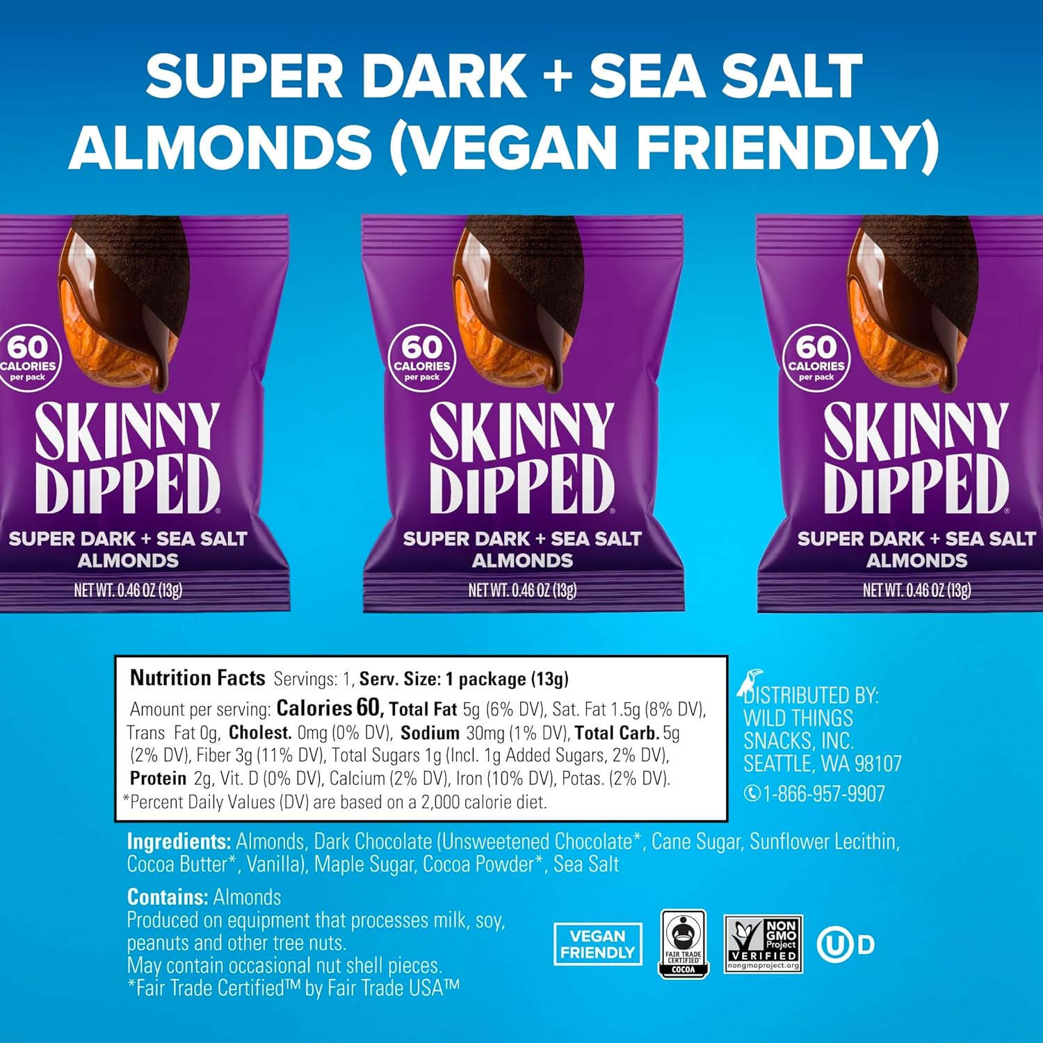 SkinnyDipped Snack Attack Minis Almond Variety Pack, Healthy Snack, Plant Protein, Gluten Free, 0.46 oz Mini Bags, Pack of 25