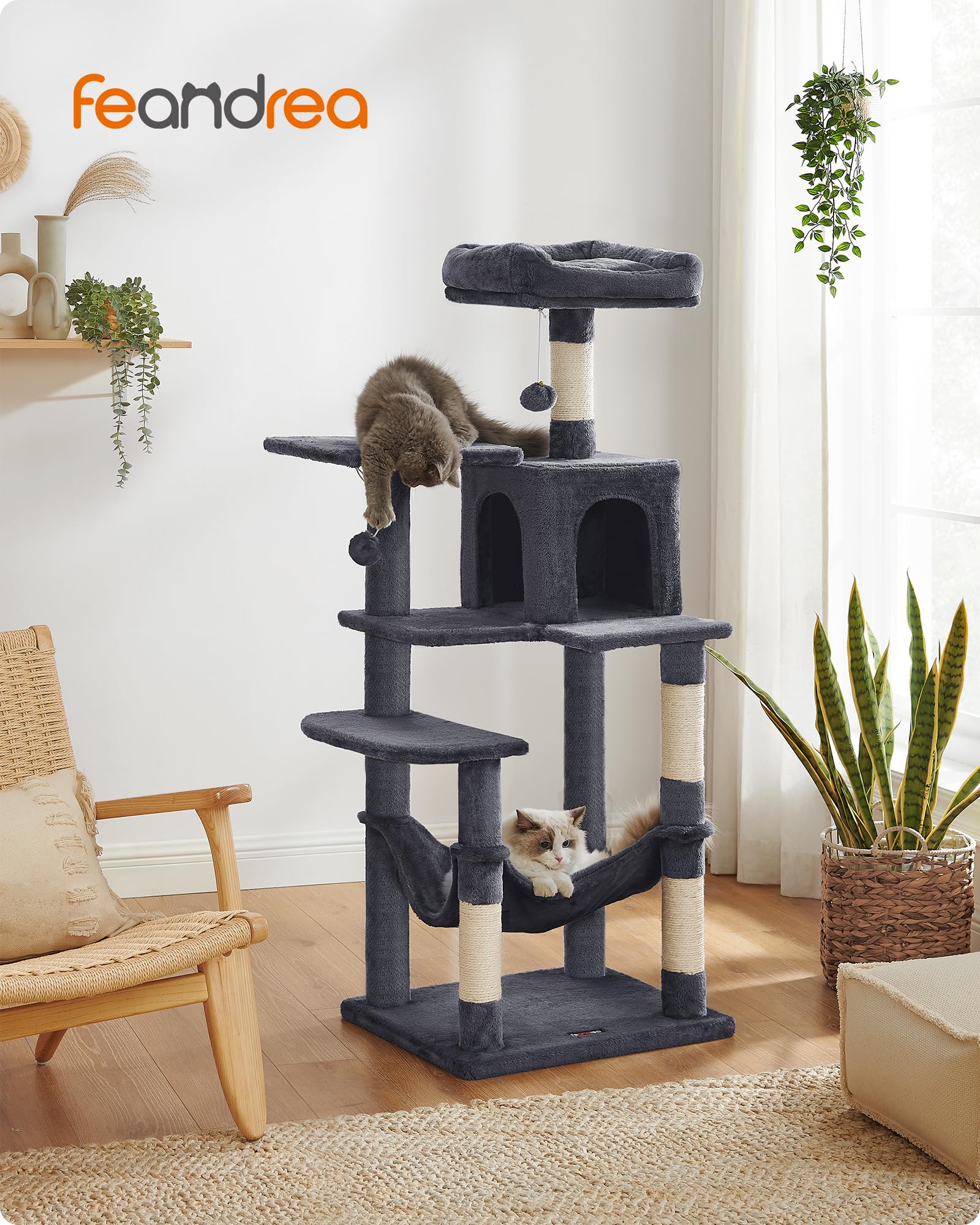 Feandrea Kratzbaum, 143 cm hoch, Katzenbaum, mehrstöckiges Katzenhaus, mit 4 Kratzsäulen, 2 Plattformen, Hängematte, Höhle, hellgrau PCT161W01