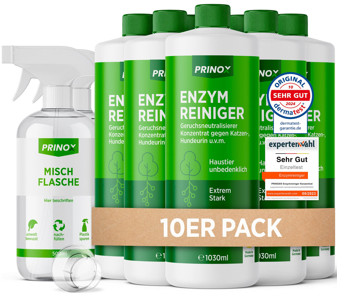Enzymreiniger Konzentrat 1030ml XXL SET inkl. Mischflasche - STARKER GERUCHSENTFERNER - Ergibt bis zu 40L Geruchsneutralisierer - Beseitigt Hundeurin, Katzenurin Geruch tiefgreifend uvm. I Made in DE