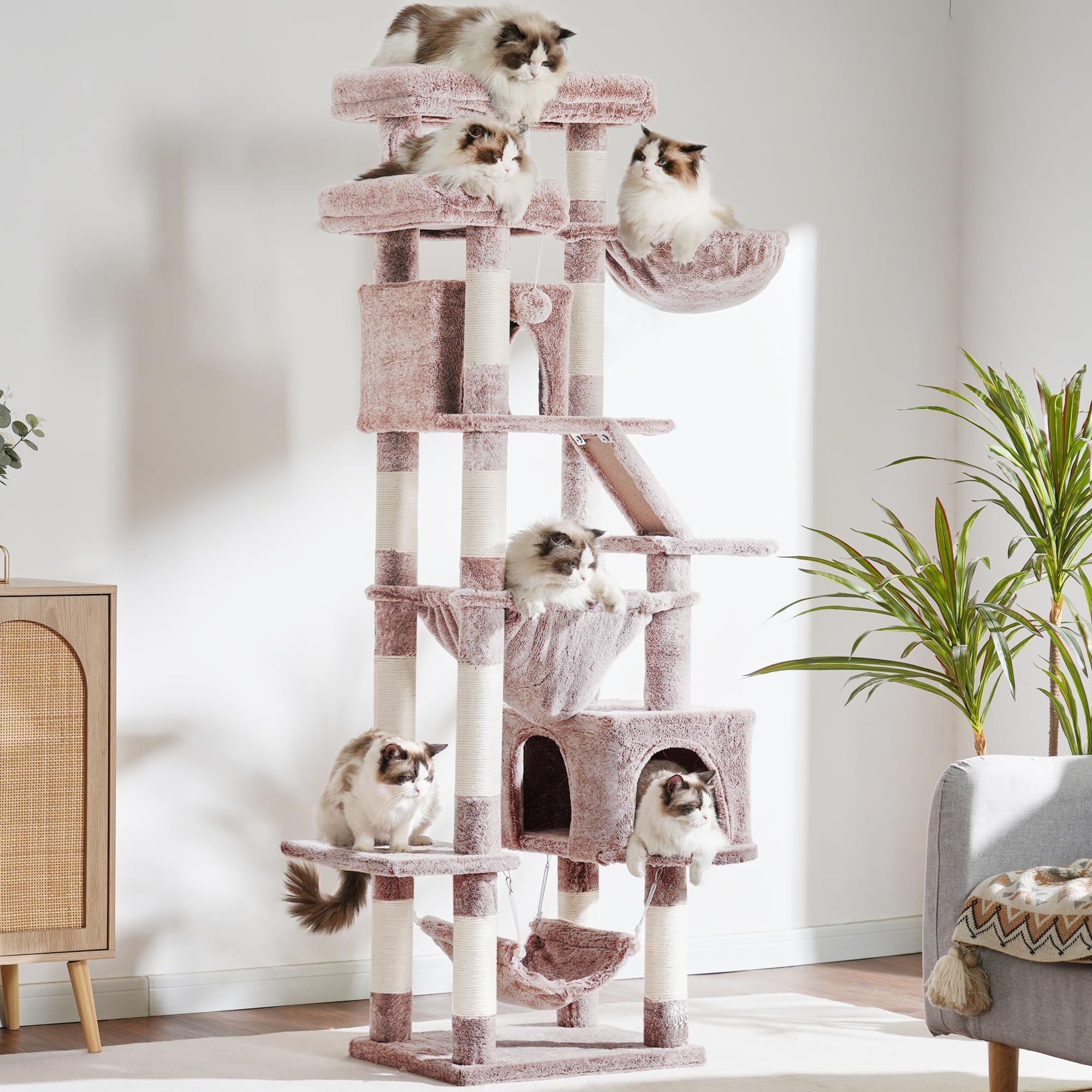 Heybly Kratzbaum, 180 cm Hoher Katzenturm für Wohnungskatzen mit 2 Plattformen, 2 Großen Schlafhäusern, 2 Hängematten, Korb und Kratzbrett, Großes Katzenmöbel mit Schlafplatz, Hellgrau HCT034W