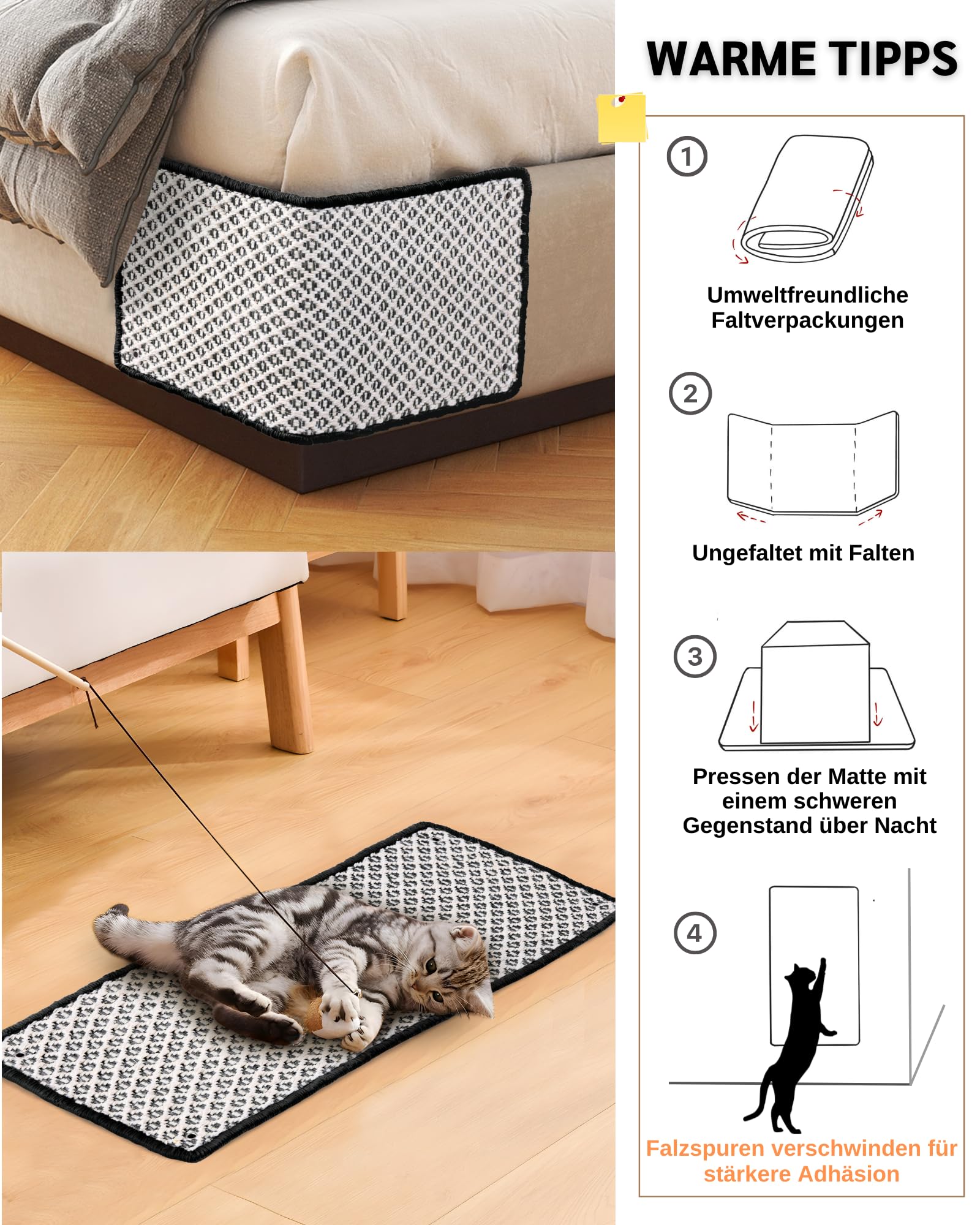 2 Stück Kratzmatte aus Sisal, Kratzmatte für Katzen, mit Klebeband, Katzenkratzmatte, Teppich zum Schutz der Wand, 60 × 25 cm (Braun)
