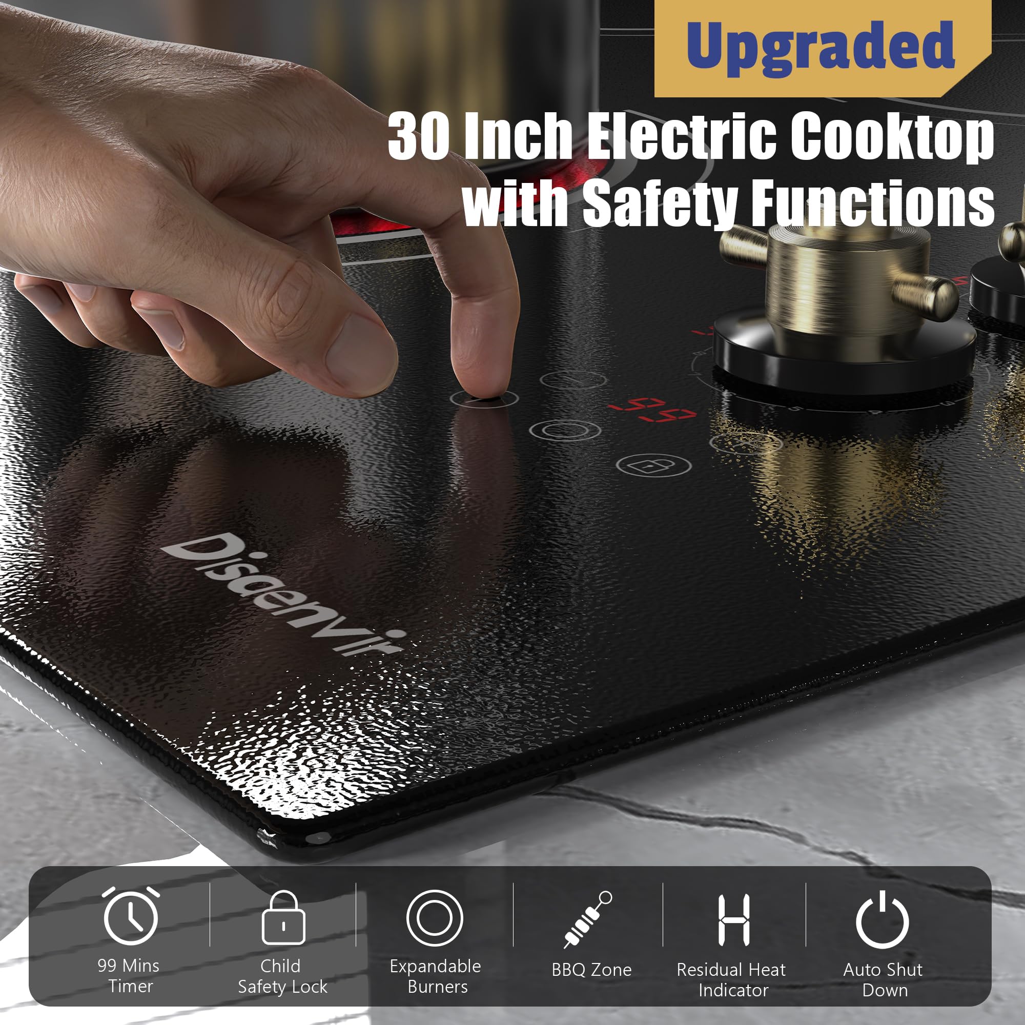 Disaenvir 29.13 Inch (Cut-out Size: 29.13"x19.3") Electric Cooktop - 30 Inch 9000W Powerful 5 Burner Electric Stovetop, Built-in Ceramic Stove 30“, Timer, Safety Lock, Pause, 240V Hard Wired (No Plug)