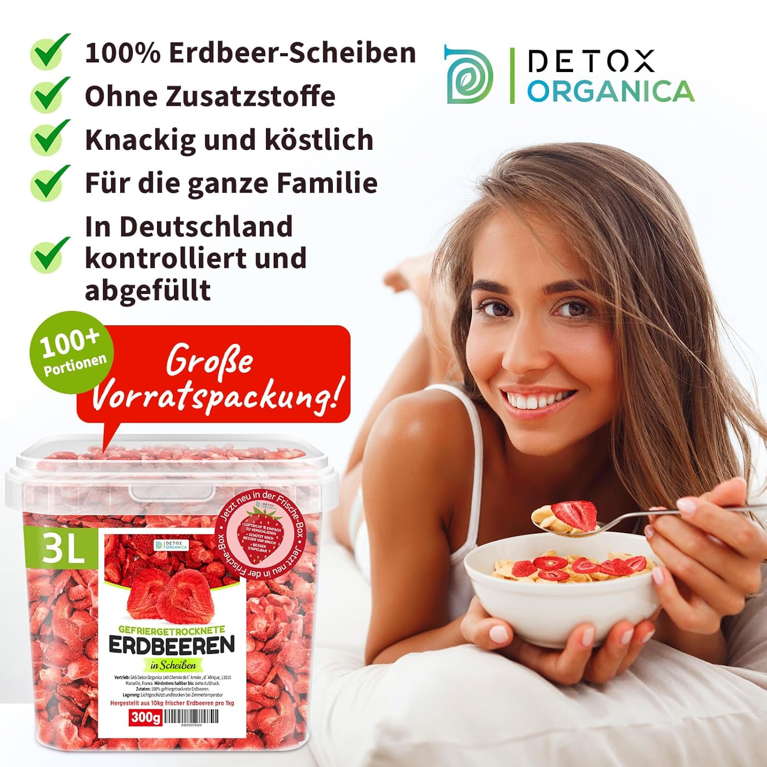 Detox Organica GEFRIERGETROCKNETE ERDBEEREN, 300g Früchte in Scheiben, 100% Trockenfrüchte natürlich und ohne Zusatz von Zucker oder Zusatzstoffen, Erdbeerchips freeze dried strawberries (300g)