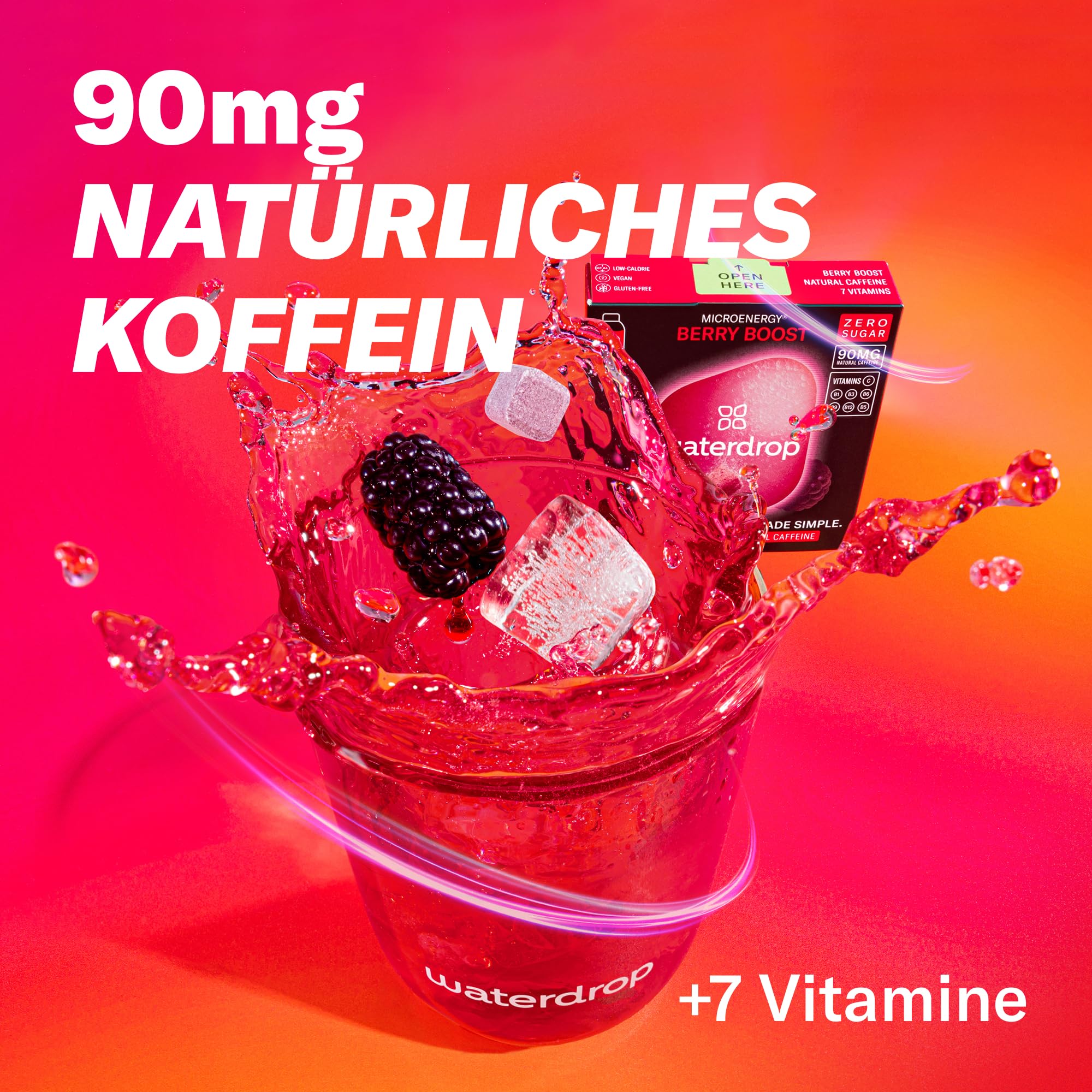 waterdrop® Microenergy Set, Energy Drink Pulver, 36 Würfel Getränkepulver, Mango, Kirsche & Brombeere Geschmack, Zuckerfrei & Kalorienarm, Mit 90 mg Natürlichem Koffein, Vitamin C & B – Flavour Drops