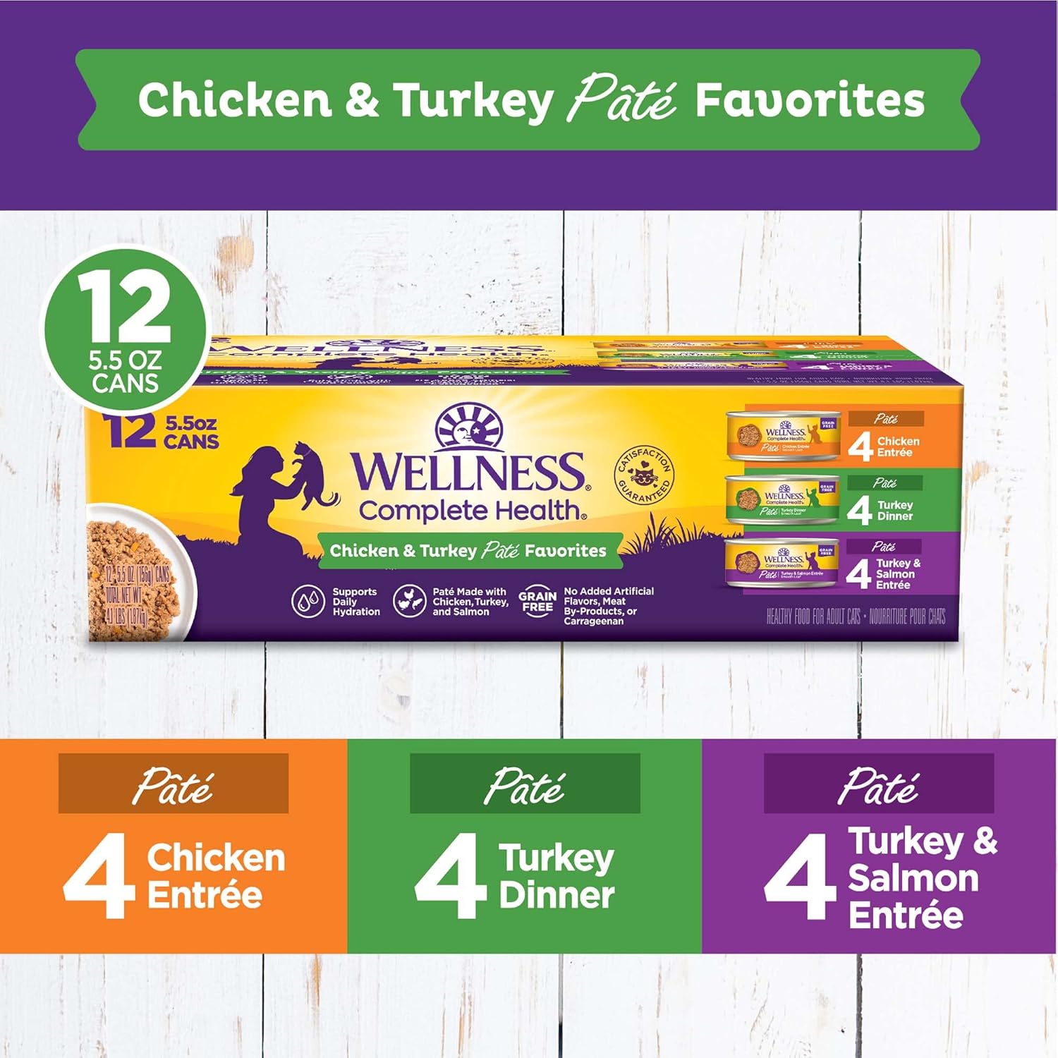 Wellness Complete Health Pate Adult Wet Cat Food, Natural, Protein-Rich, Grain-Free, 3 Ounce, 24 Pack, (Chicken & Turkey Variety Pack)