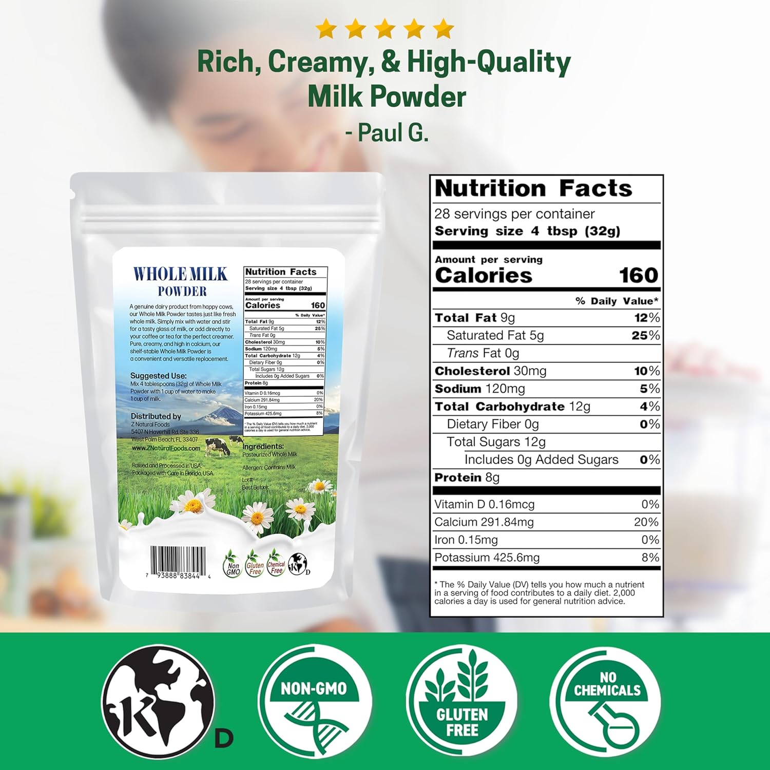 Z Natural Foods Premium Whole Milk Powder - Powdered Milk for Baking, Cooking, Drinks - Dry Milk Powder, Pasteurized, Non-GMO, Gluten-Free, Kosher-Certified, 5 lbs