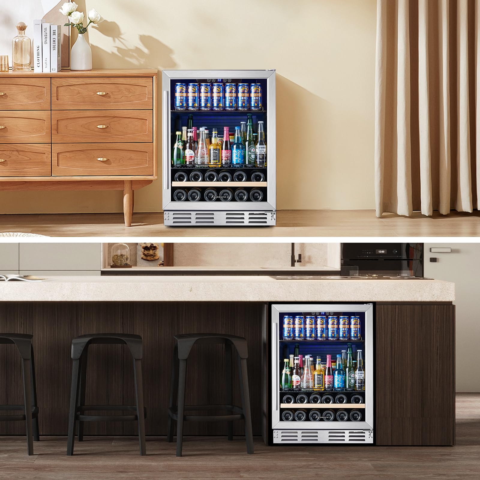 Kalamera 24 inch Wine Cooler, 37 Bottle - Dual Zone Built-in or Freestanding Fridge with Stainless Steel Reversible Glass Door, for Home, Kitchen or Office