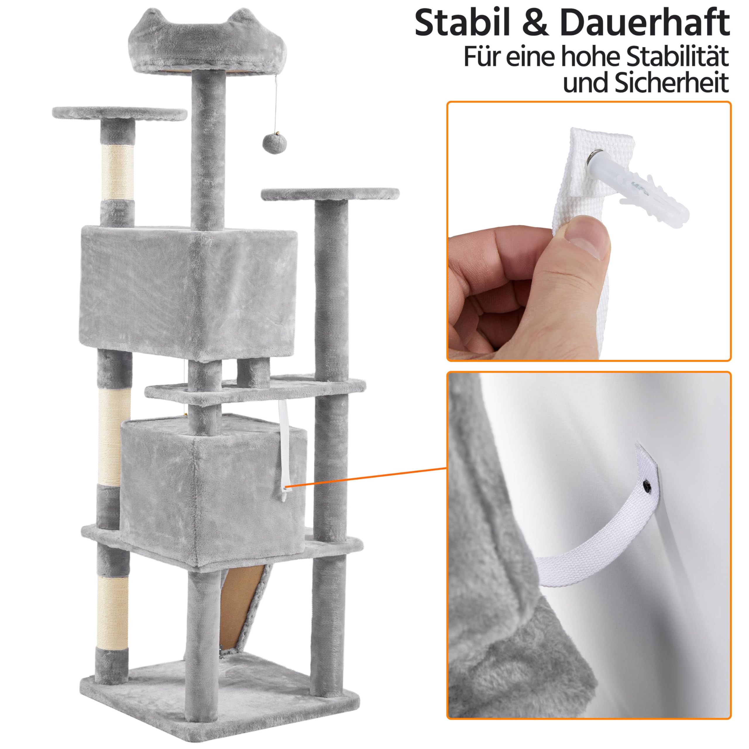 Yaheetech Kratzbaum Groß, 139 cm hoch, Mehrstöckiger Katzenbaum Kletterturm mit 3 Kratzsäulen, 3 Plattformen, 2 Gemütlichen Höhlen, 2 Plüschbällen, Stabiler Aktivitätsbereich für Katzen, Dunkelgrau