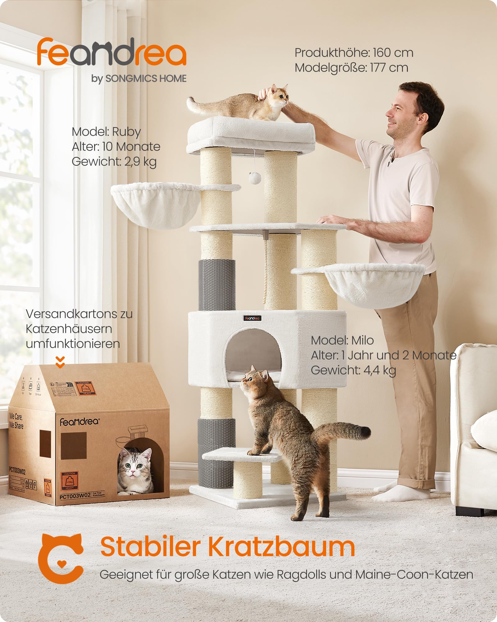 Feandrea Kratzbaum, mit warmen Decken, für große Katze, Katzenbaum, 2 Katzenbürsten, 11,1 cm d Dicke Stämme, große Plattformen, Höhle, 50 x 50 x 160 cm, Taubengrau-schwarz PCT003W01