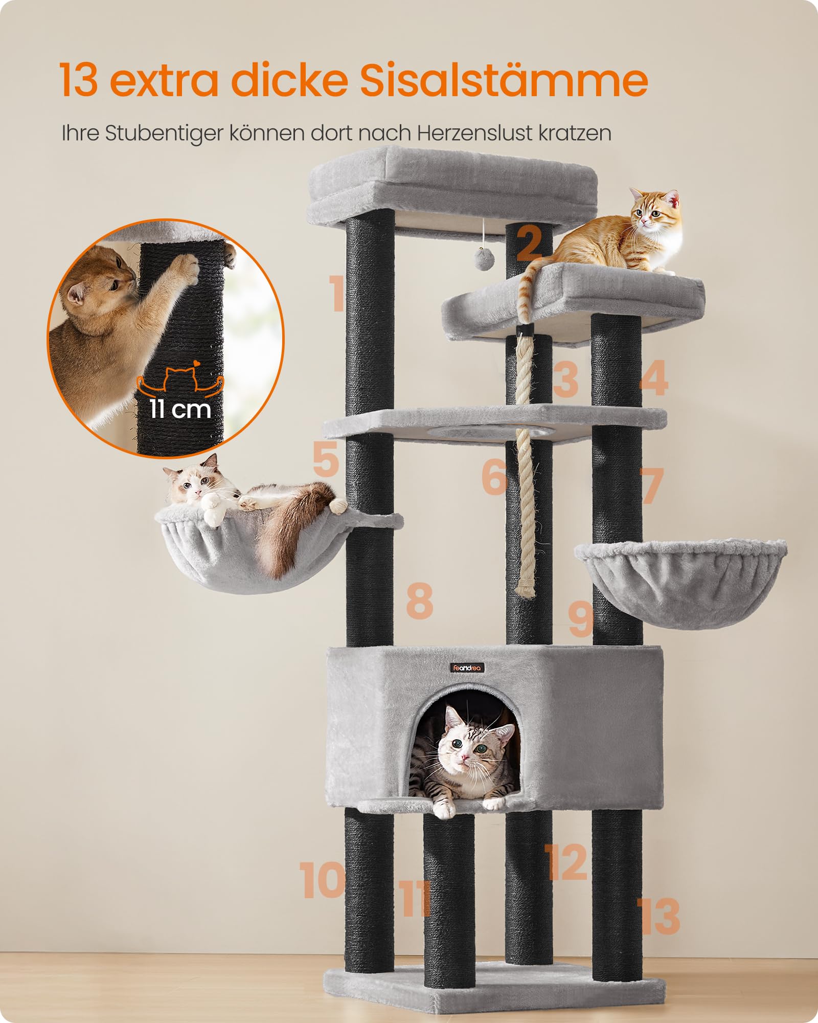 Feandrea Kratzbaum groß, mehrstöckiger Katzenbaum, XXL, 55 x 55 x 186,7 cm, 11 cm d Dicke Sisalstämme, für große Katzen wie Maine-Coon-Katze, Katzenkratzbaum, Taubengrau-tintenschwarz PCT008G02