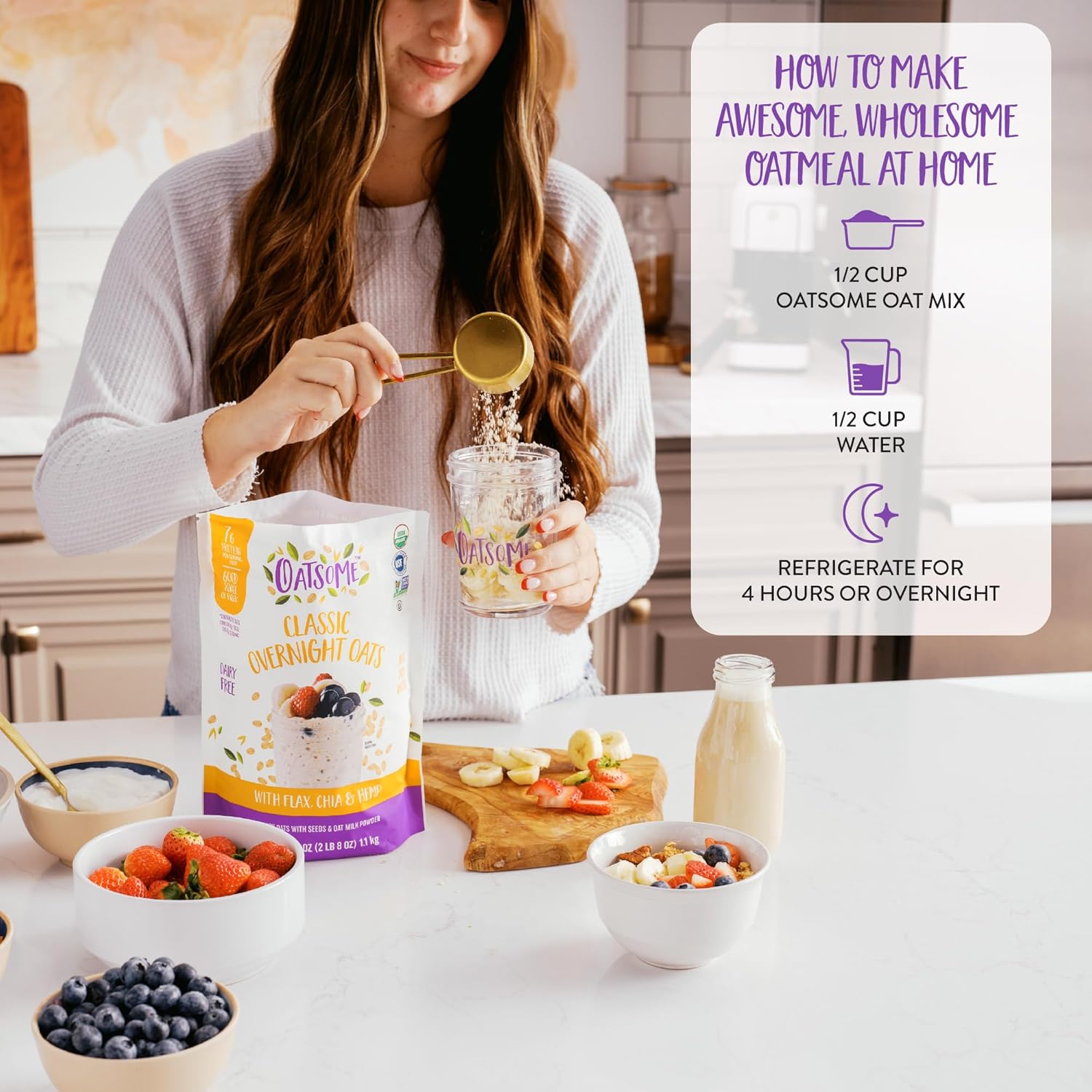 Oatsome Organic Overnight Oats with Chia, Flax, & Hemp, Gluten-Free Oatmeal with 7g of Protein, 2 lb 8 oz (40oz) Bag