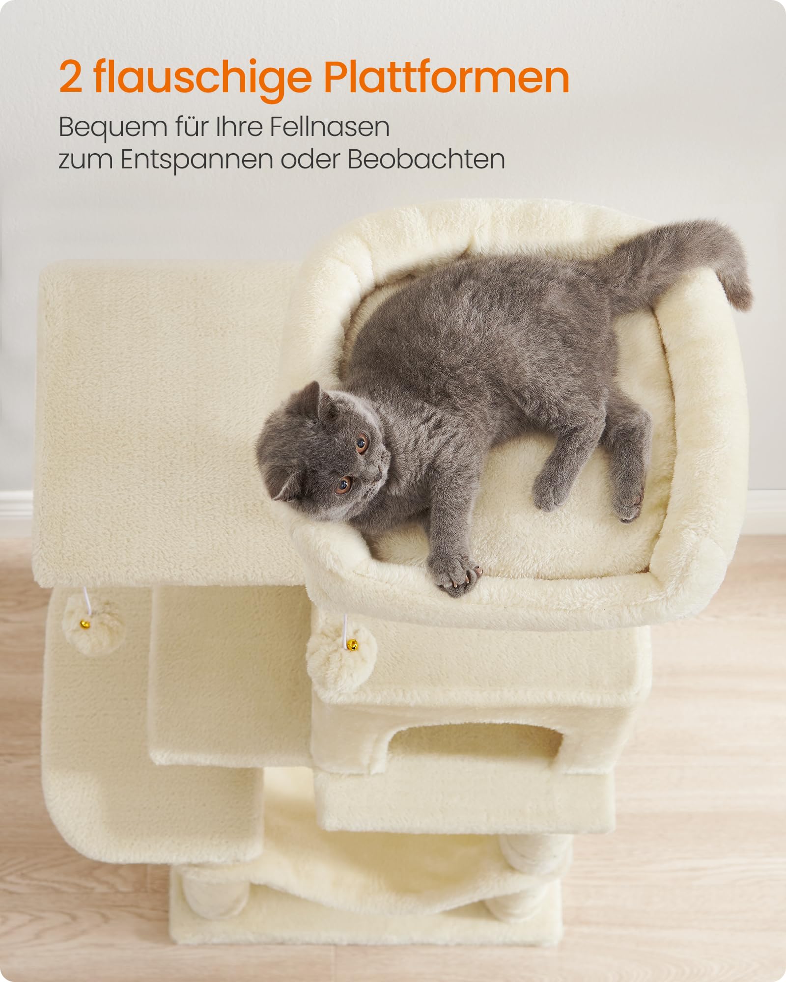 Feandrea Kratzbaum, 143 cm hoch, Katzenbaum, mehrstöckiges Katzenhaus, mit 4 Kratzsäulen, 2 Plattformen, Hängematte, Höhle, hellgrau PCT161W01