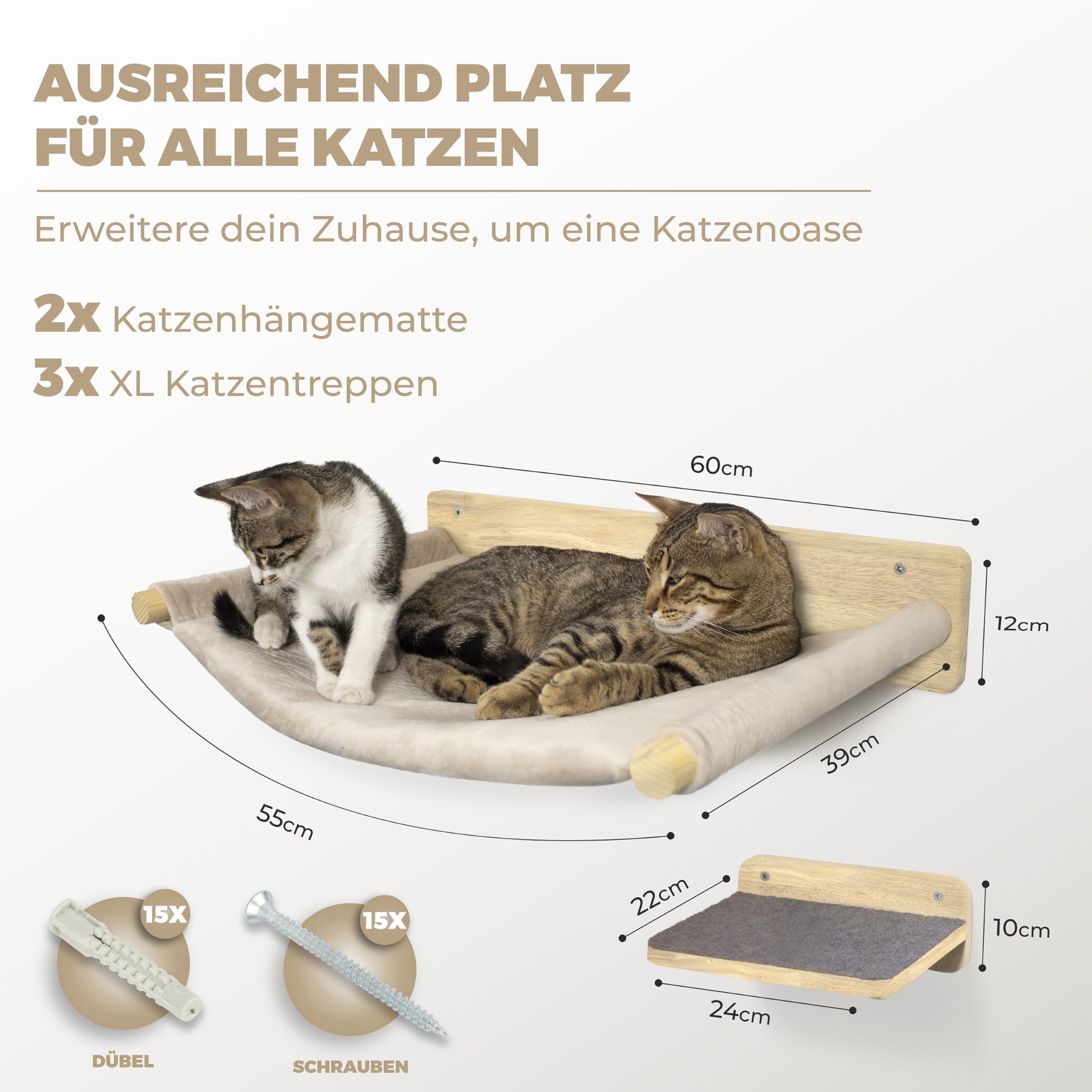 WOOWOOD® 2X Kletterwand Katzen - 3X Katzentreppe Wand- Kratzbaum Wand - Hängematte Katze - Wandkratzbaum - Katzenmöbel - Katzenwand - Katzen Kletterwand Set - Naturhell