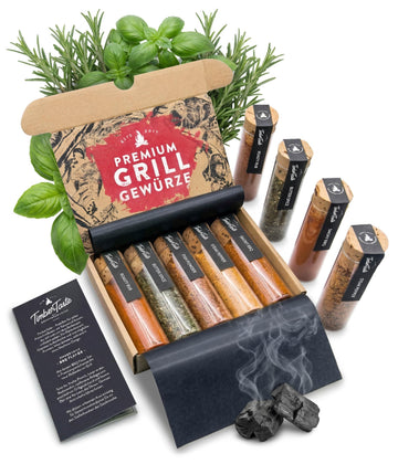 TIMBER TASTE® Grillgewürze Geschenkset - 5 premium BBQ Gewürze Rubs & Marinaden in edler Geschenkbox | Geschenke für Männer | Vatertag Geschenk | Gewürze Geschenkset ideal zum Grillen Geschenk Set