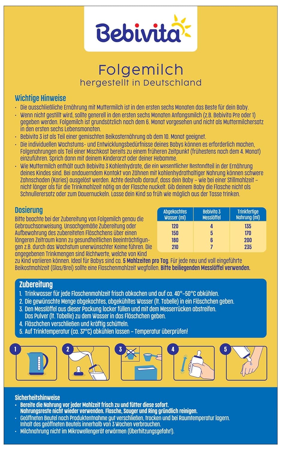 Bebivita 3 Folgemilch (4 x 500g), ab dem 10. Monat, mit Vitamin C und D, Omega-3 (DHA,ALA), altersgerecht sättigend