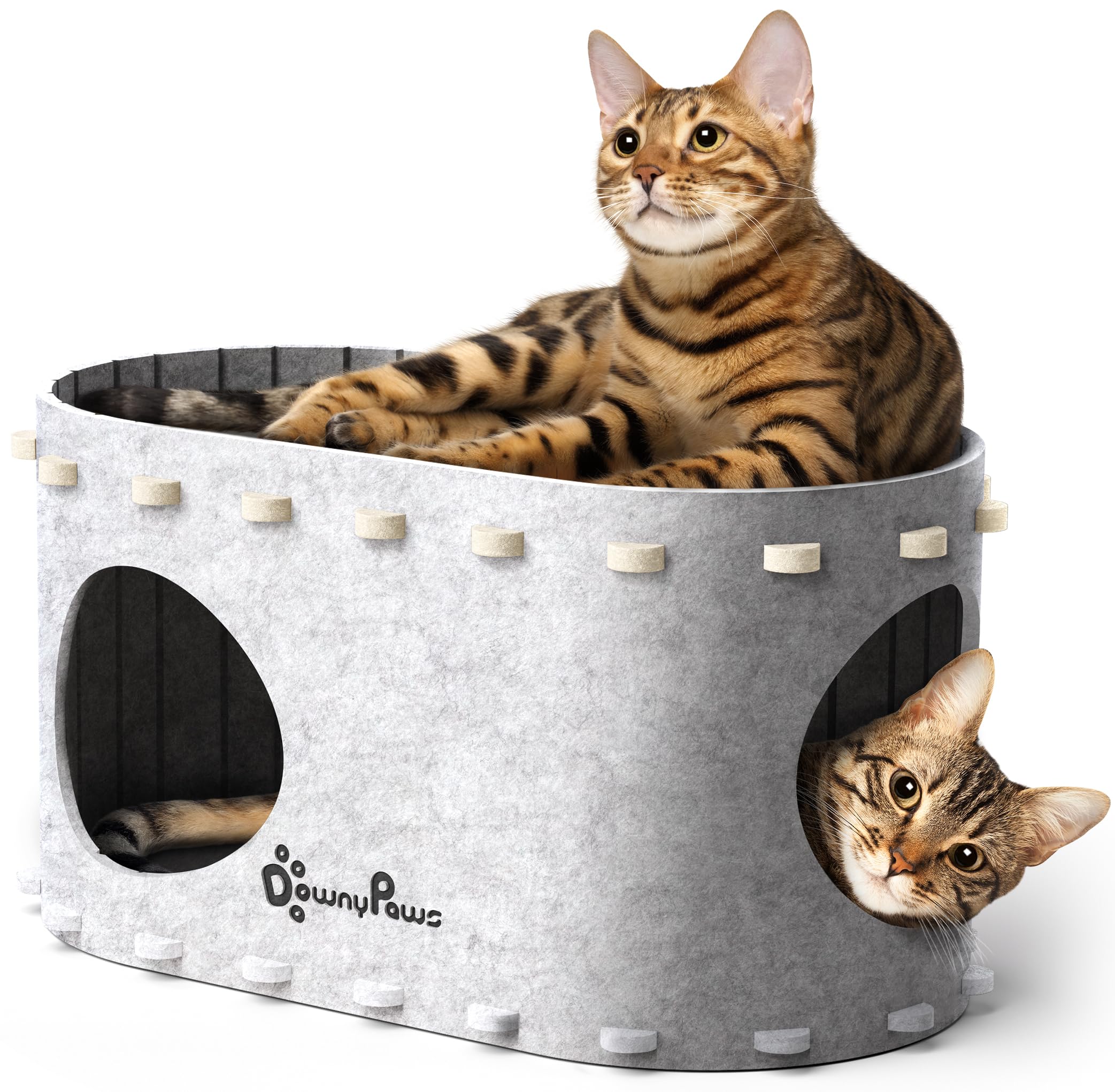 Katzenhöhle Filz, Katzenhaus aus Filz, Katzenbett, Katzenhöhle für Katzen, 58 x 33 x 30cm, Peek-a-Boo zum Spielen, Winterfest, Schutz der Katzennägel, Beige