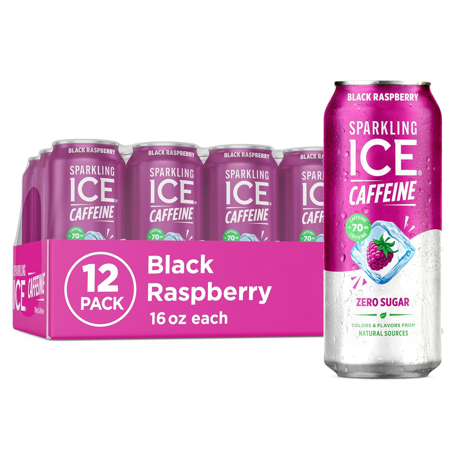 Sparkling Ice Caffeine Blue Raspberry Sparkling Water with Caffeine, Zero Sugar, with Antioxidants and Vitamins,16 fl oz Cans (Pack Of 12)