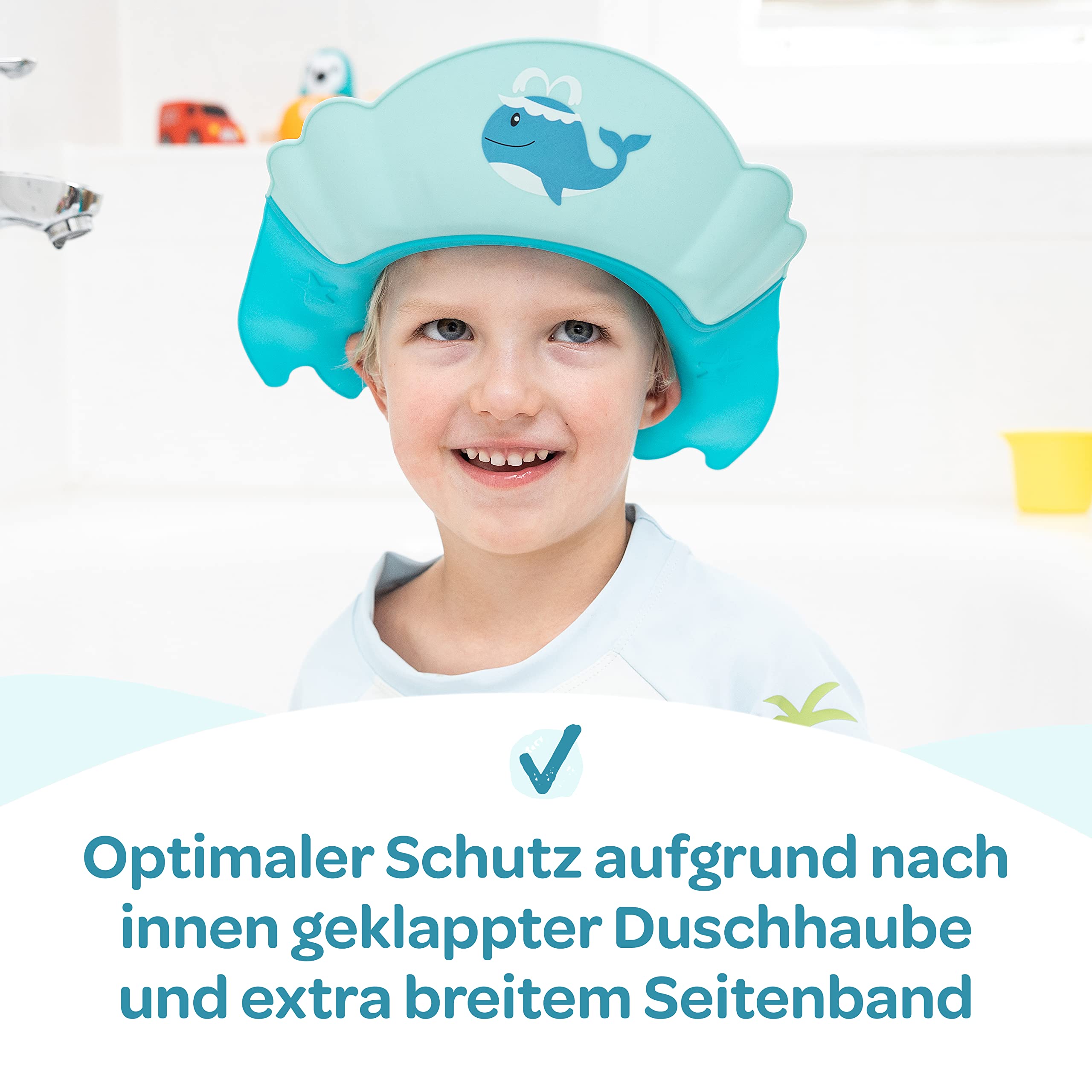 Duschhaube Kinder –- eine Duschhaube für sorgenfreies Haare waschen Kinderschutz (Blau)