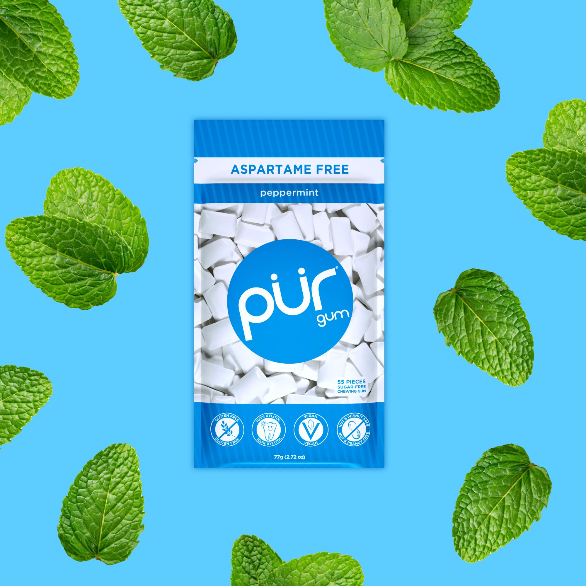 PUR Gum | Zuckerfreier Kaugummi | Mit Xylit | Vegan, Aspartamfrei & Glutenfrei | Natürlicher Kaugummi Mit Spearmint-Geschmack, 55 Stück (3er Pack)