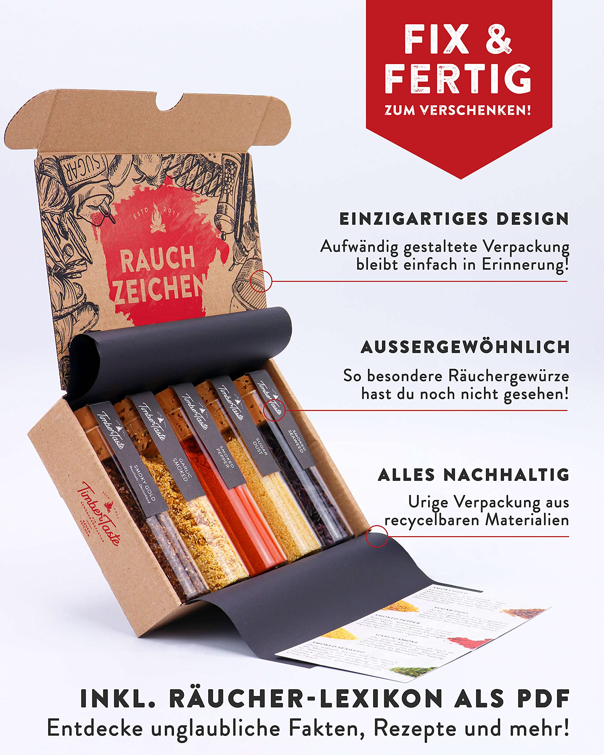 TIMBER TASTE® Grillgewürze Geschenkset - 5 premium BBQ Gewürze Rubs & Marinaden in edler Geschenkbox | Geschenke für Männer | Vatertag Geschenk | Gewürze Geschenkset ideal zum Grillen Geschenk Set