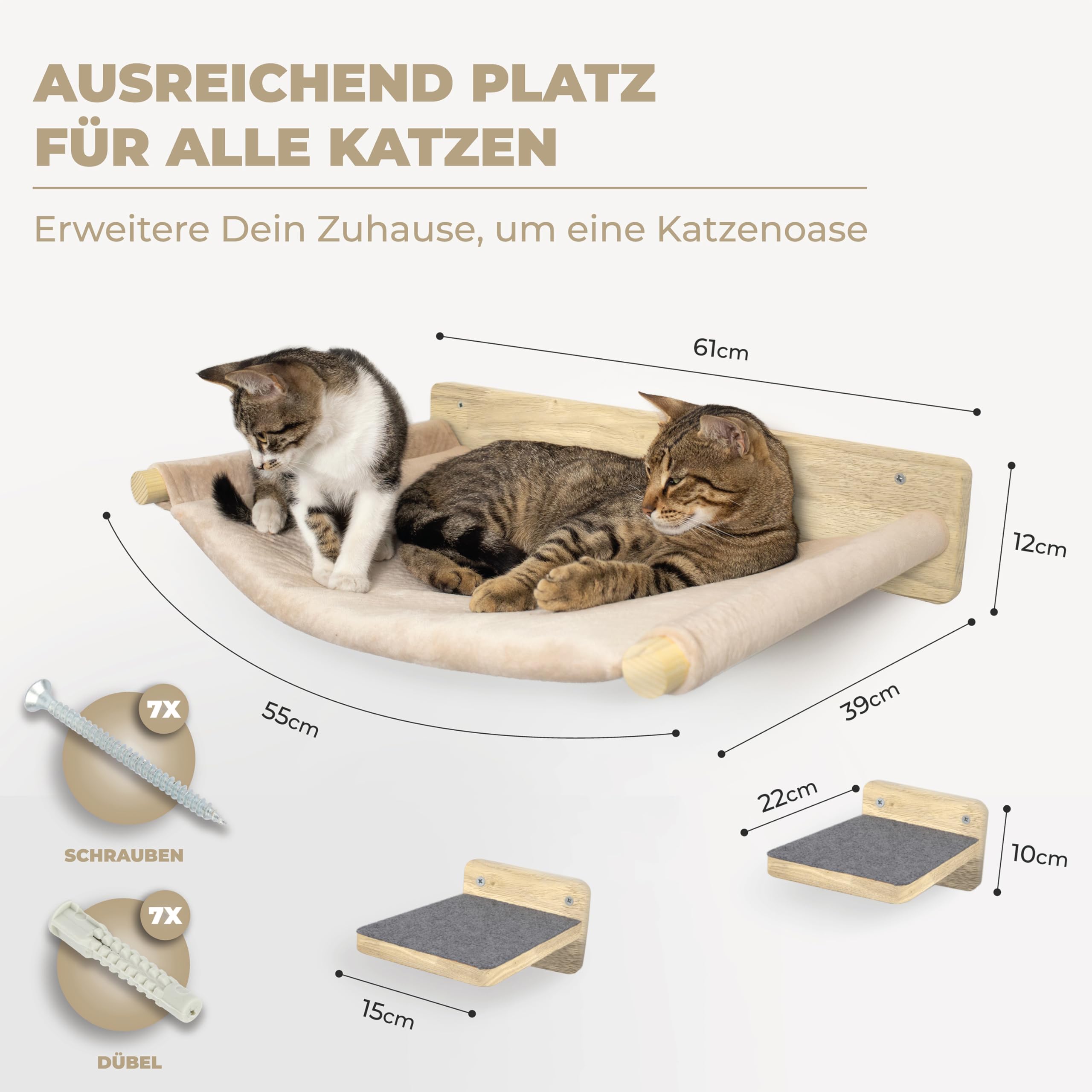 WOOWOOD® 2X Kletterwand Katzen - 3X Katzentreppe Wand- Kratzbaum Wand - Hängematte Katze - Wandkratzbaum - Katzenmöbel - Katzenwand - Katzen Kletterwand Set - Naturhell