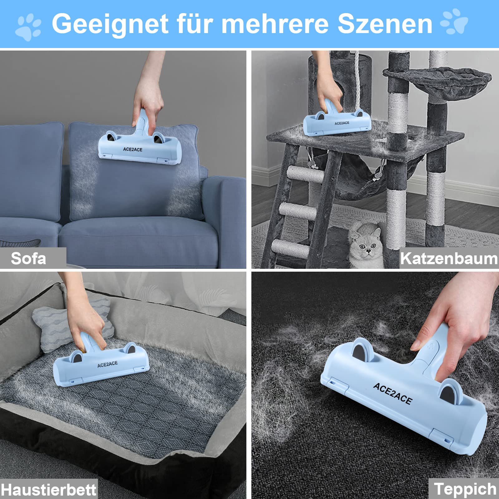 ACE2ACE Tierhaarentferner Fusselrolle, Fusselrolle für Hundehaare und Katzenhaare Wiederverwendbar, Fusselbürste für Tierhaar, für Sofa, Bett, Teppich, Kratzbaum, weiß