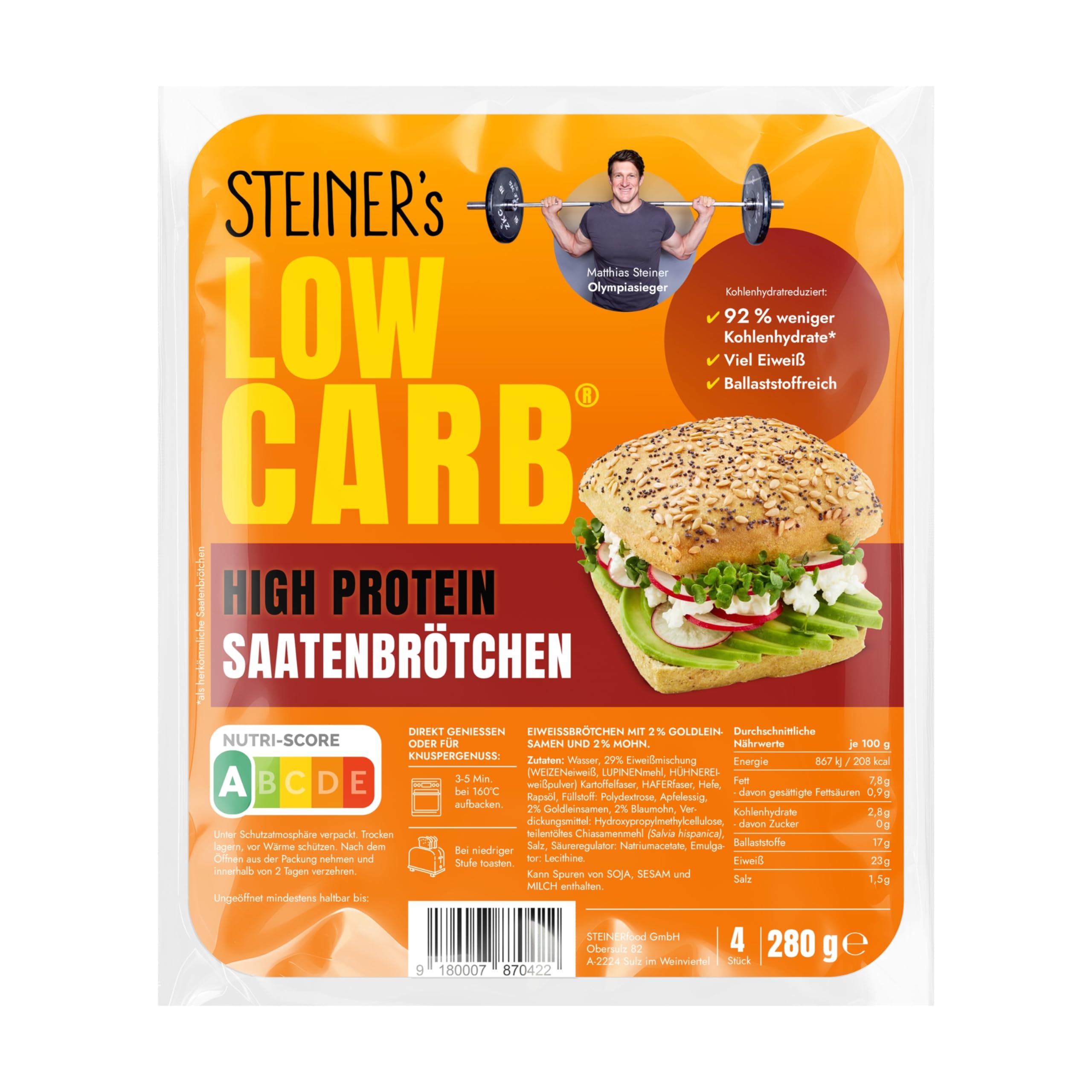 STEINER´s Low Carb High Protein Saatenbrötchen | 92% weniger Kohlenhydrate | high protein | nur 2,8g Kohlenhydrate | 23g Eiweiß (4er Pack, 16 Stk.)