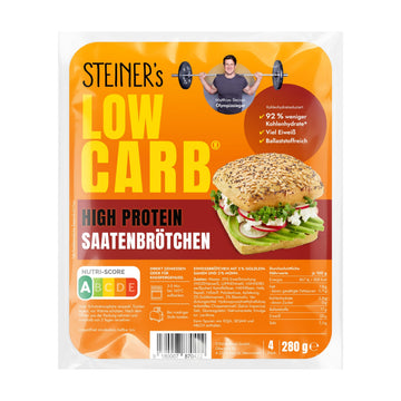 STEINER´s Low Carb High Protein Saatenbrötchen | 92% weniger Kohlenhydrate | high protein | nur 2,8g Kohlenhydrate | 23g Eiweiß (4er Pack, 16 Stk.)