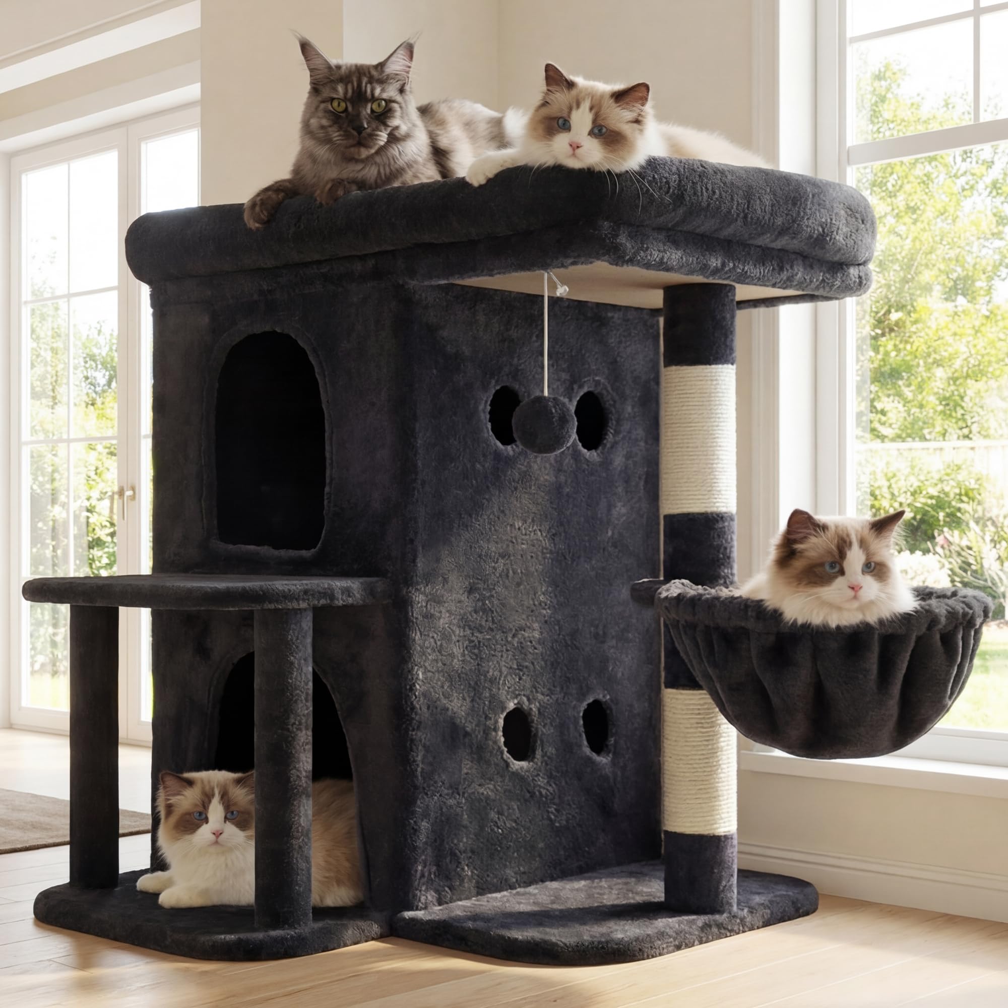 Heybly Kratzbaum, 65 cm Hoher Katzenbaum mit Extra-Großer Plattform, Gestuftes Katzenmöbel mit Doppelhaus, Inklusive Sisal-Kratzsäule, Katzenkorb und Spielzeug für Katzen, Hellgrau HCT204SW