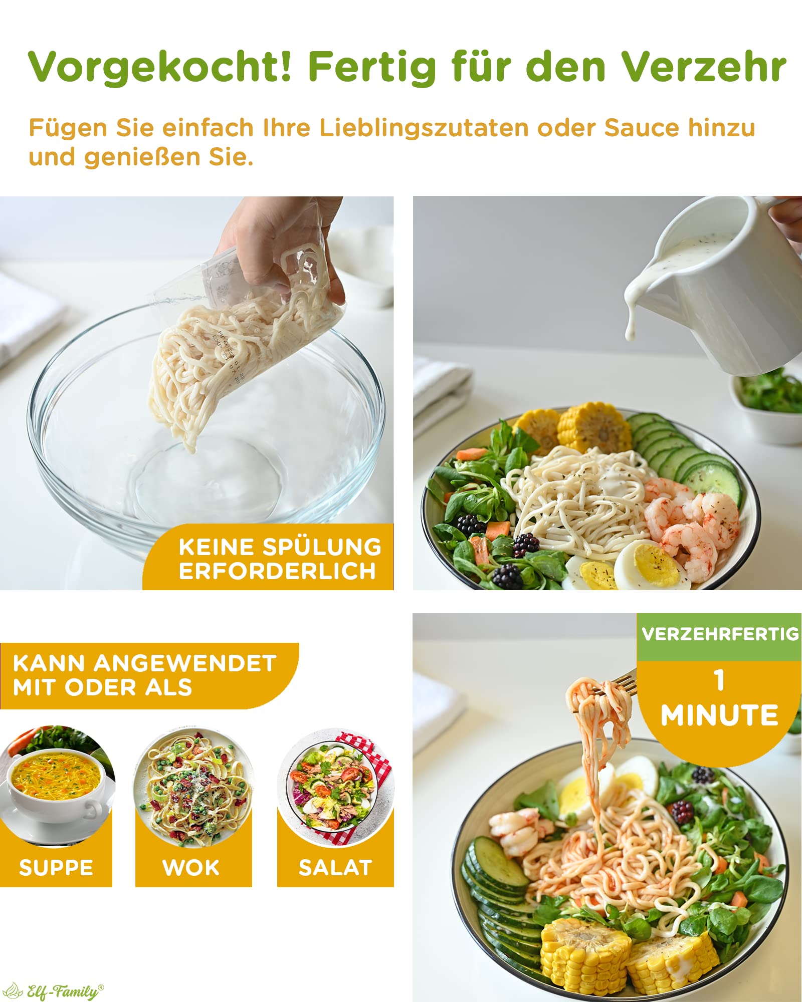 Premium Konjak Nudeln aus Thailand Vegan Glutenfrei-240gx 6er Box(12 pack), Elf-Family Shirataki Nudeln Instant Nudeln Pasta/Keto/Low Carb/Kalorienarme/Zuckerfrei -Spaghetti & Fettuccine