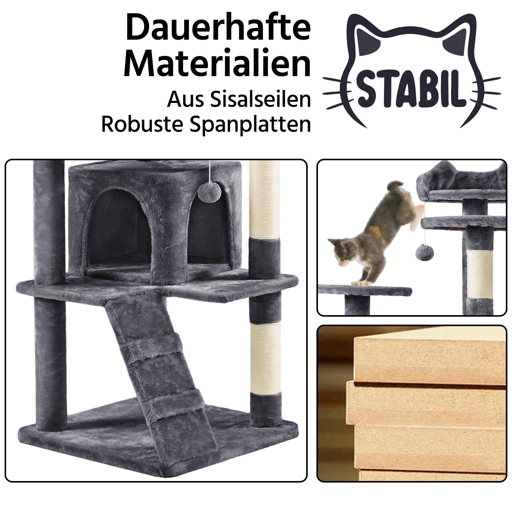 Yaheetech Kratzbaum Groß, 139 cm hoch, Mehrstöckiger Katzenbaum Kletterturm mit 3 Kratzsäulen, 3 Plattformen, 2 Gemütlichen Höhlen, 2 Plüschbällen, Stabiler Aktivitätsbereich für Katzen, Dunkelgrau
