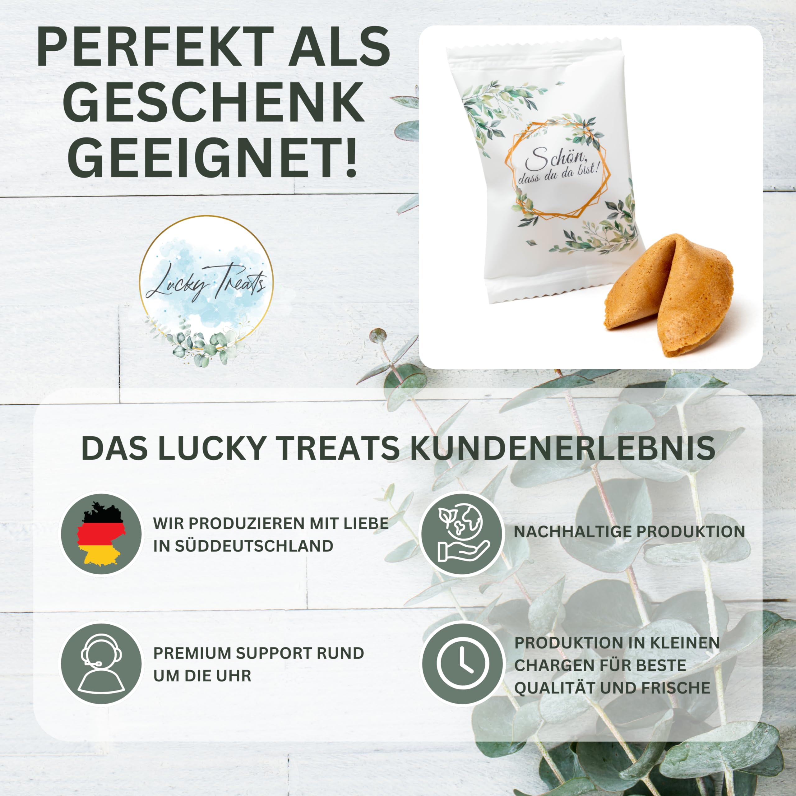 Lucky Treats Glückskekse - 25 Stück - Schön, dass du da bist - Gastgeschenke Hochzeit Deko - Sprüche auf Deutsch & Englisch - regional hergestellt