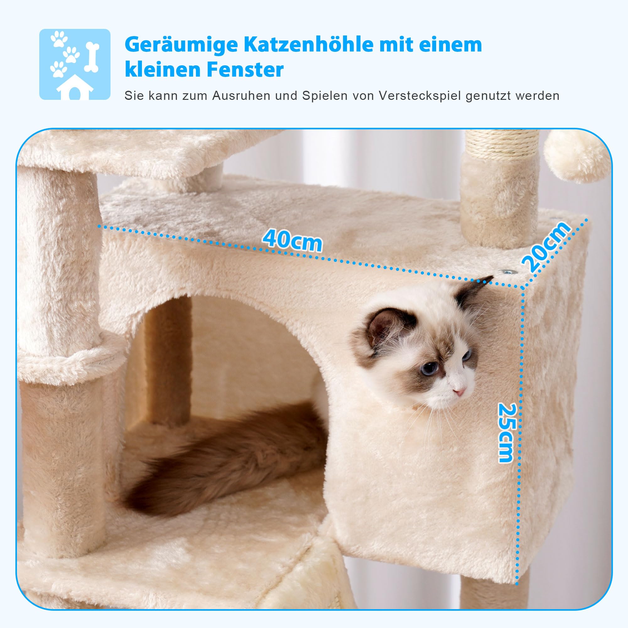 Hey-Brother Kratzbaum, 135 cm Indoor Katzenbaum, Mit gepolsterter Plattform Bett, Spielzeug Ball, Höhlen, Hängematte und Sisal Kratzbaum Katzenhaus, Hellgrau MPJ019-SW